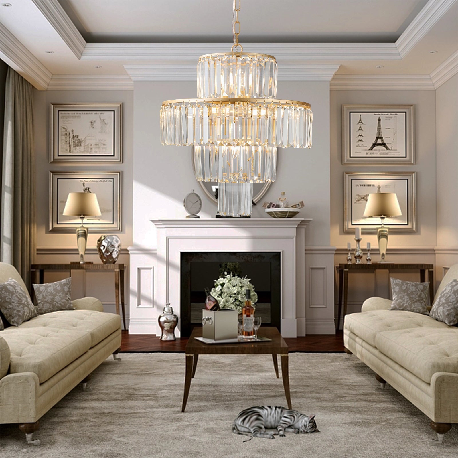 20' Modern Crystal Chandelier with Gold Finish, 4-Tier Design for Dining Room or Living Room, Elegant Crystal Pendant Light Fixture (Bulb Not Included)