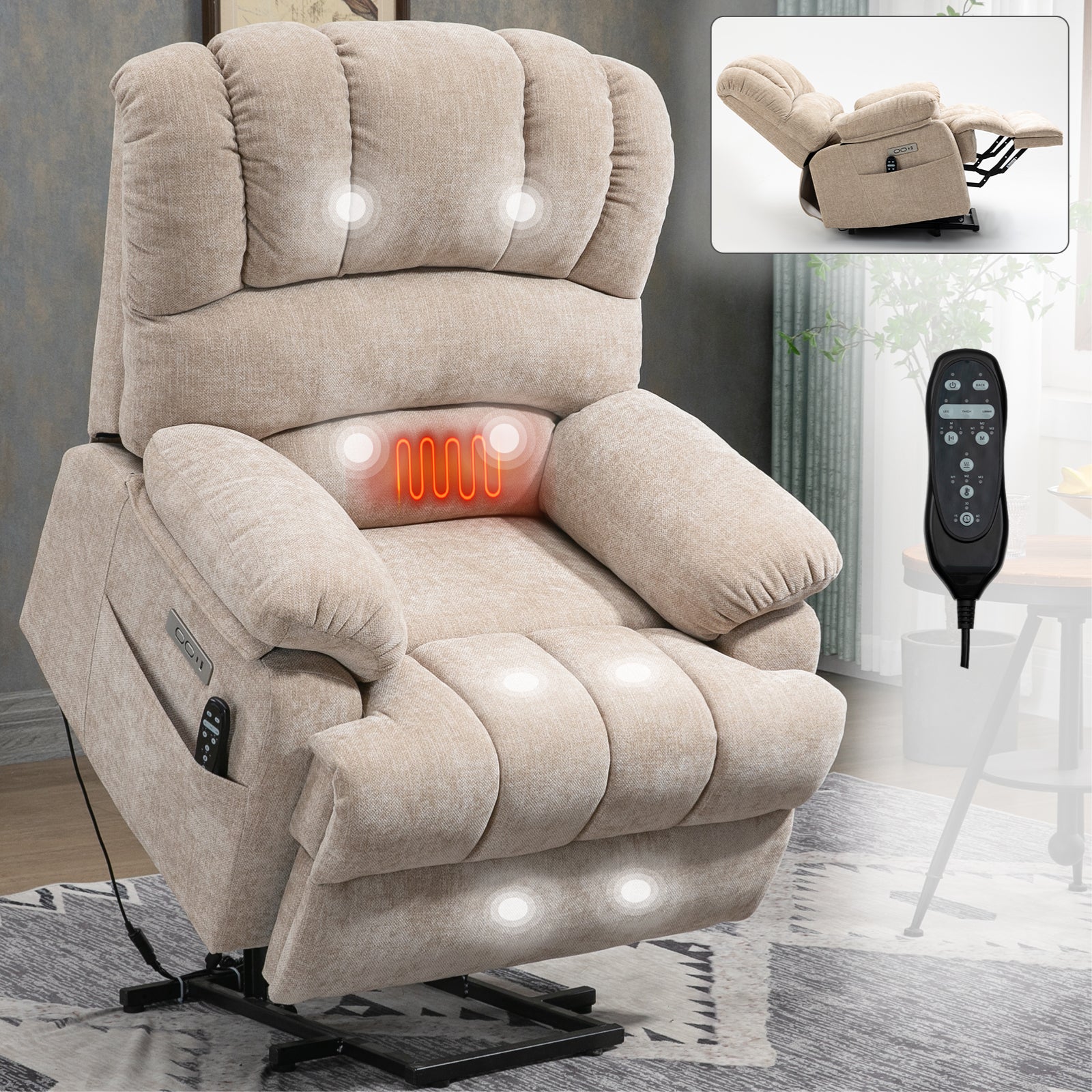 SteelRest Power Lift Recliner Chair 8 Point Vibration Massage & Lumbar Heating