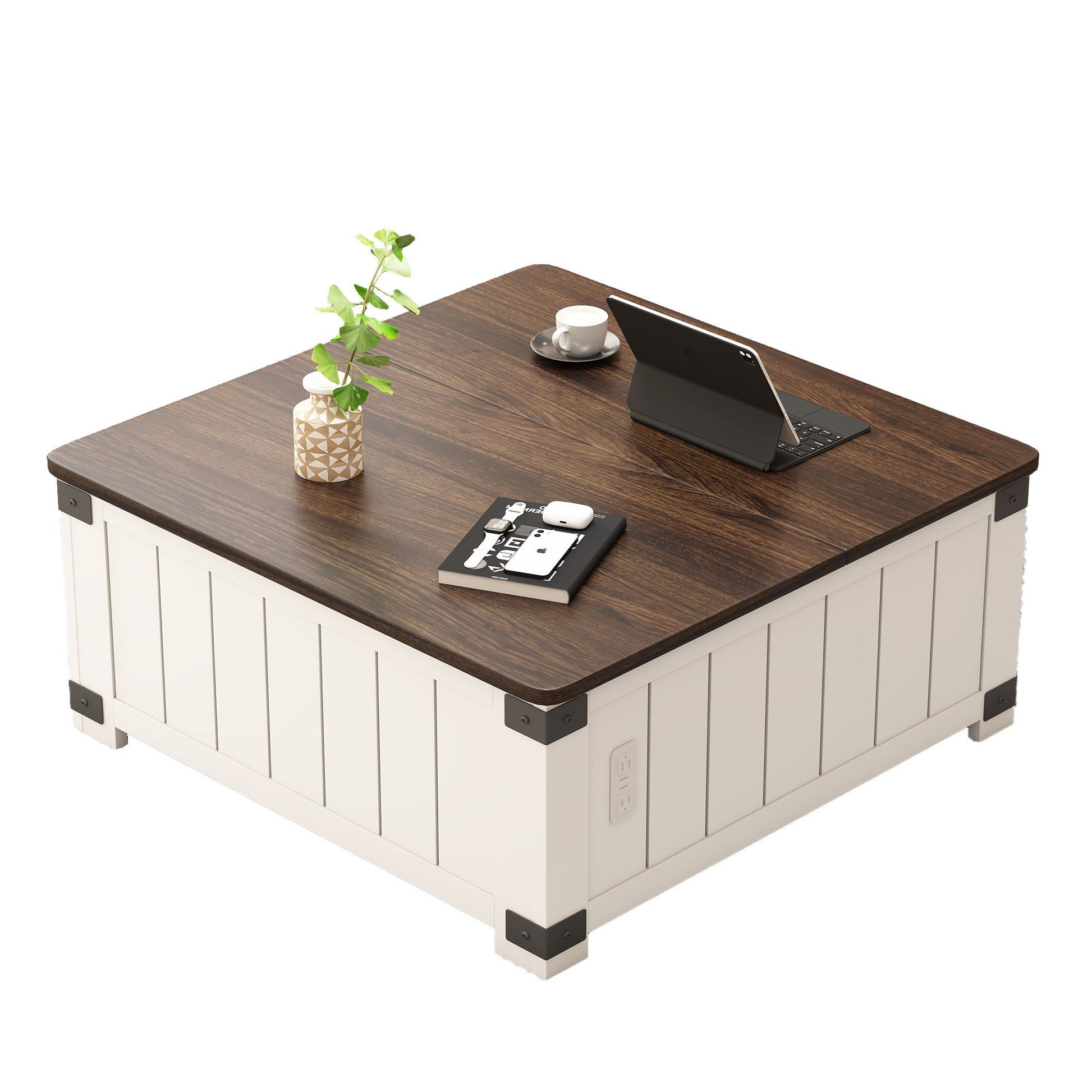 Farmhouse Style Lift Top Coffee Table With Storage And Charging Station - White Wood - Best Buy Furniture