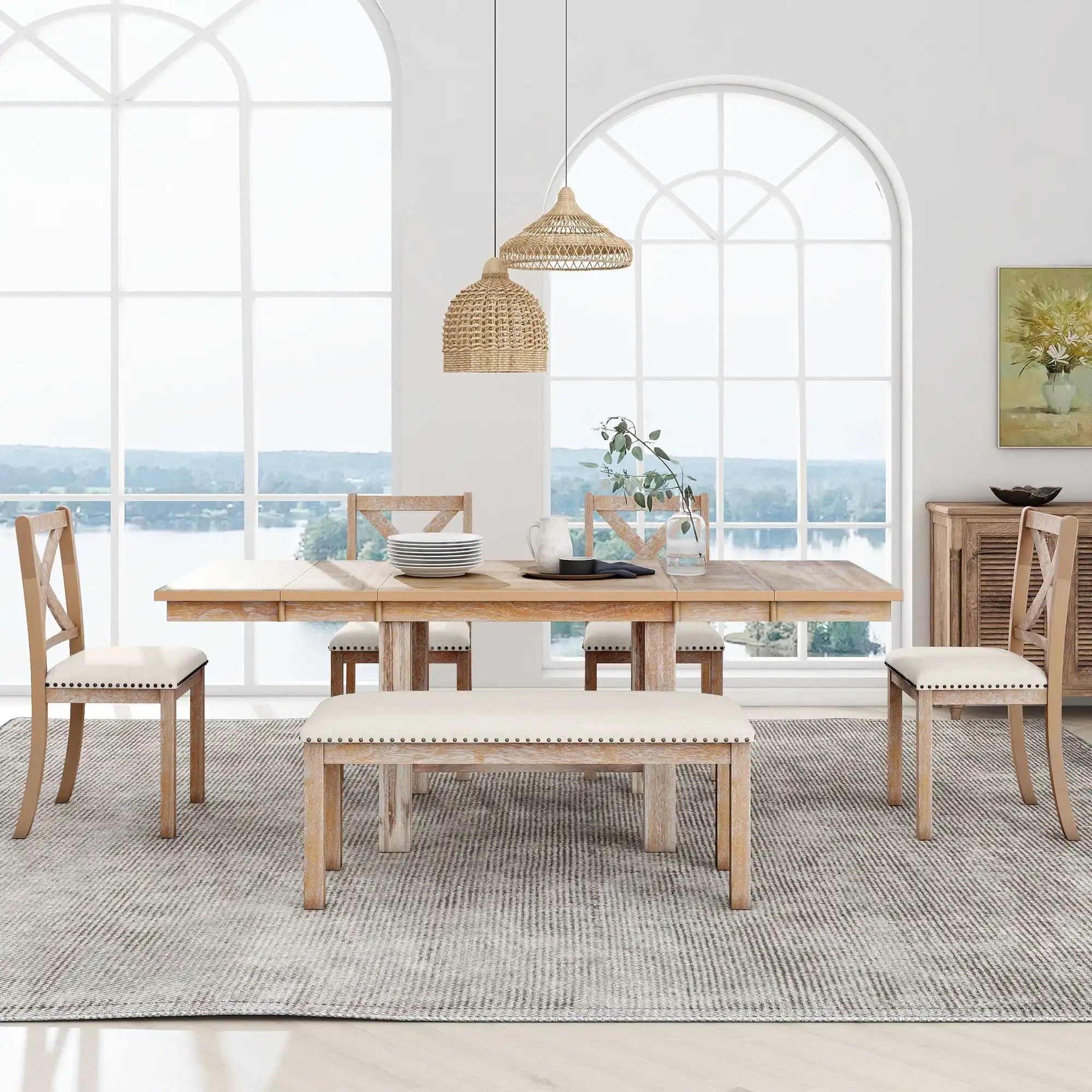 Farmhouse 6-Piece Extendable Dining Set with Chairs and Bench, Natural/Beige