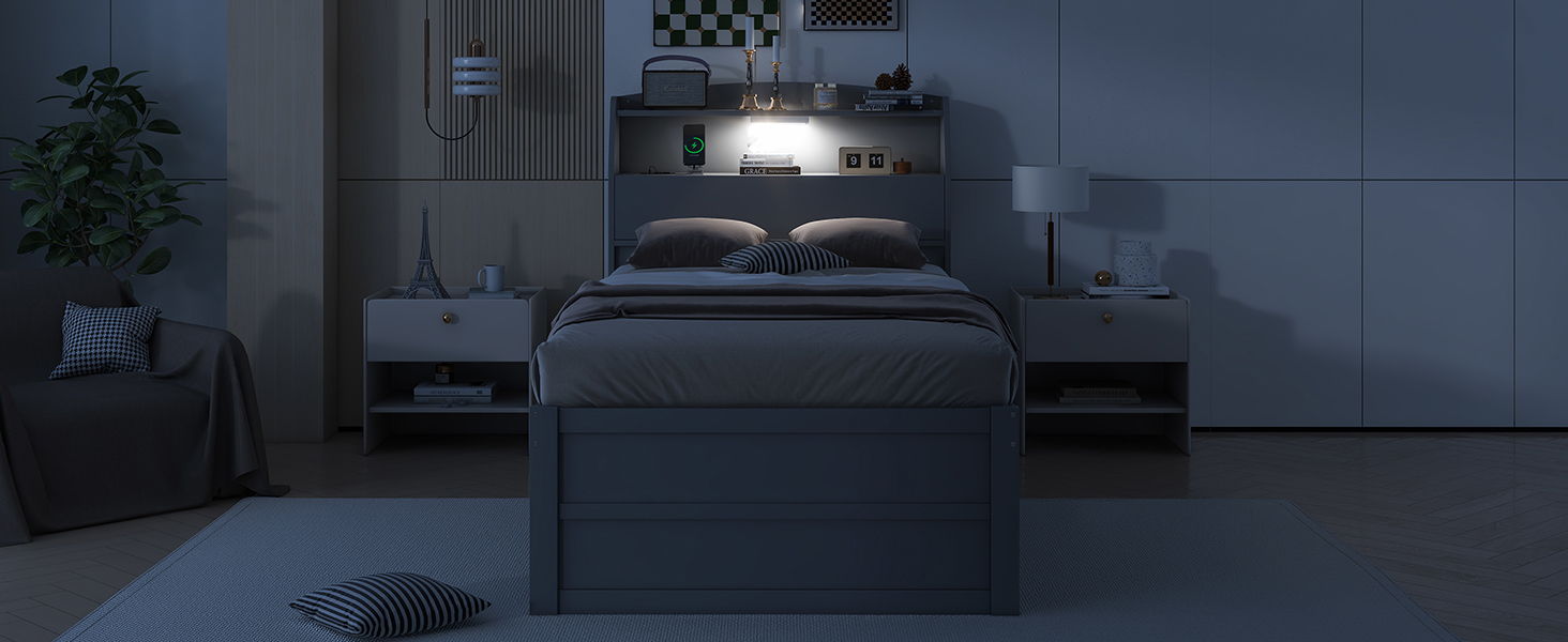 LED Platform Bed With Trundle With Storage Headboard With Drawers