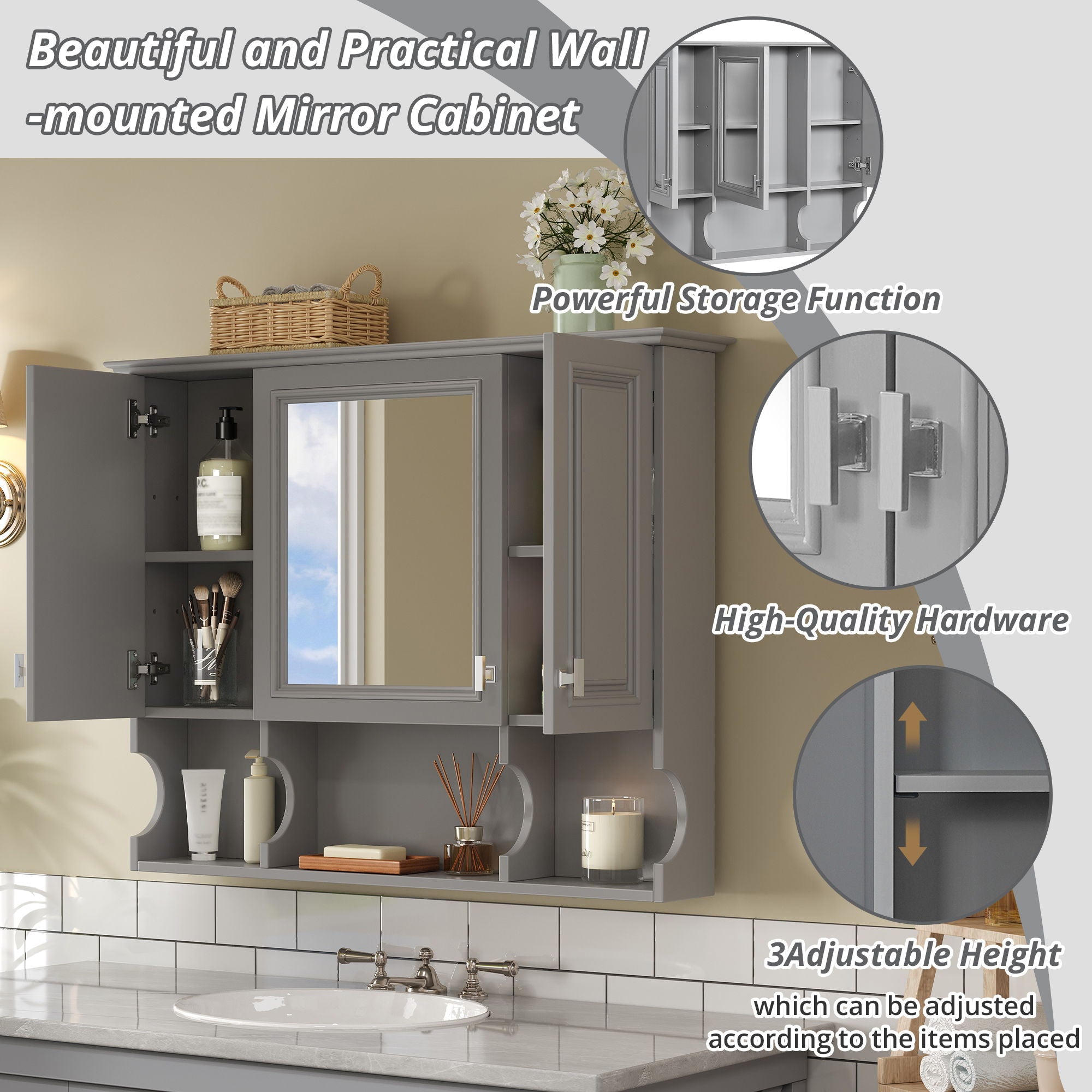 Wall Mounted Bathroom Medicine Wall Cabinet With Mirror & Open Shelves