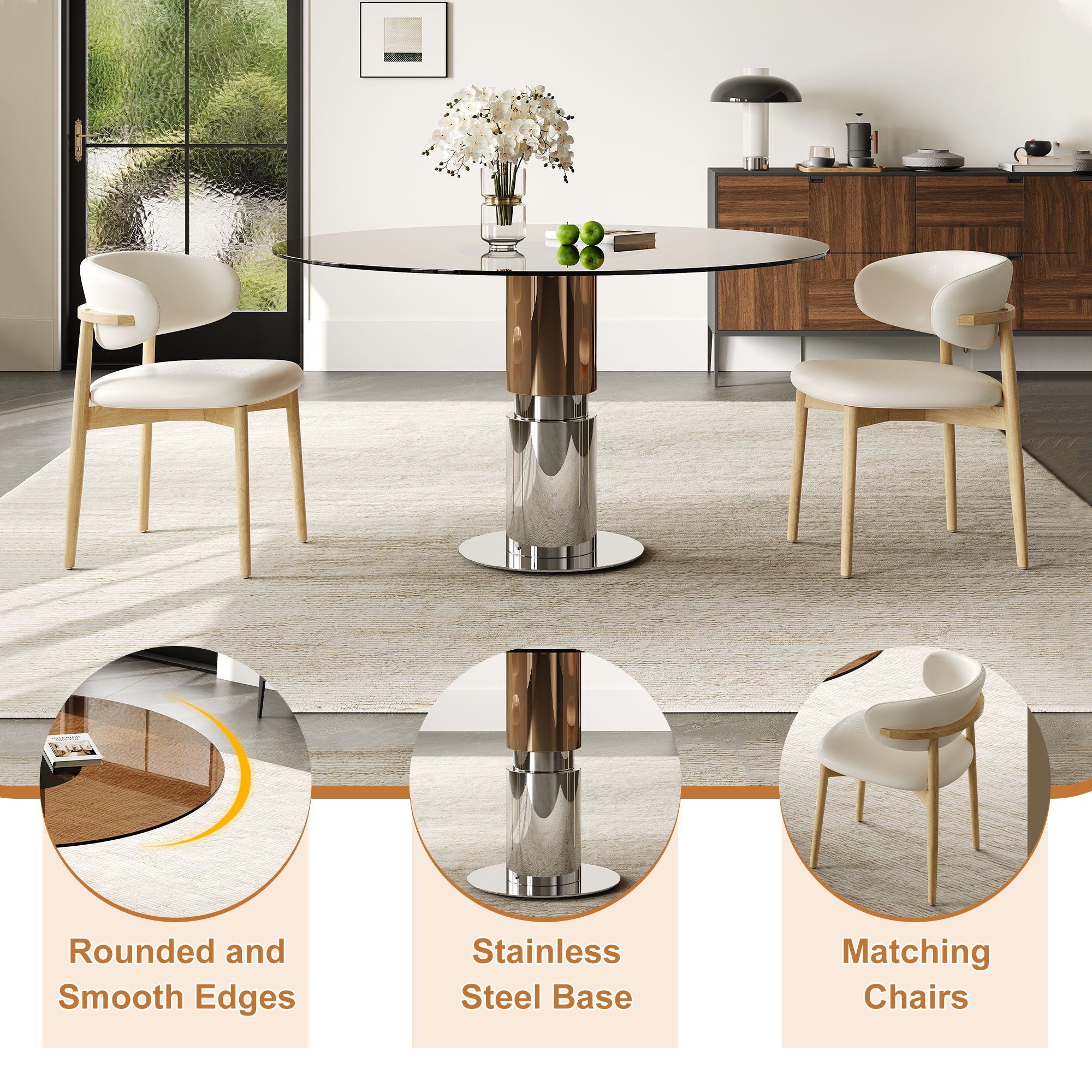 Round Glass Dining Table With Stainless Steel Legs And Chairs