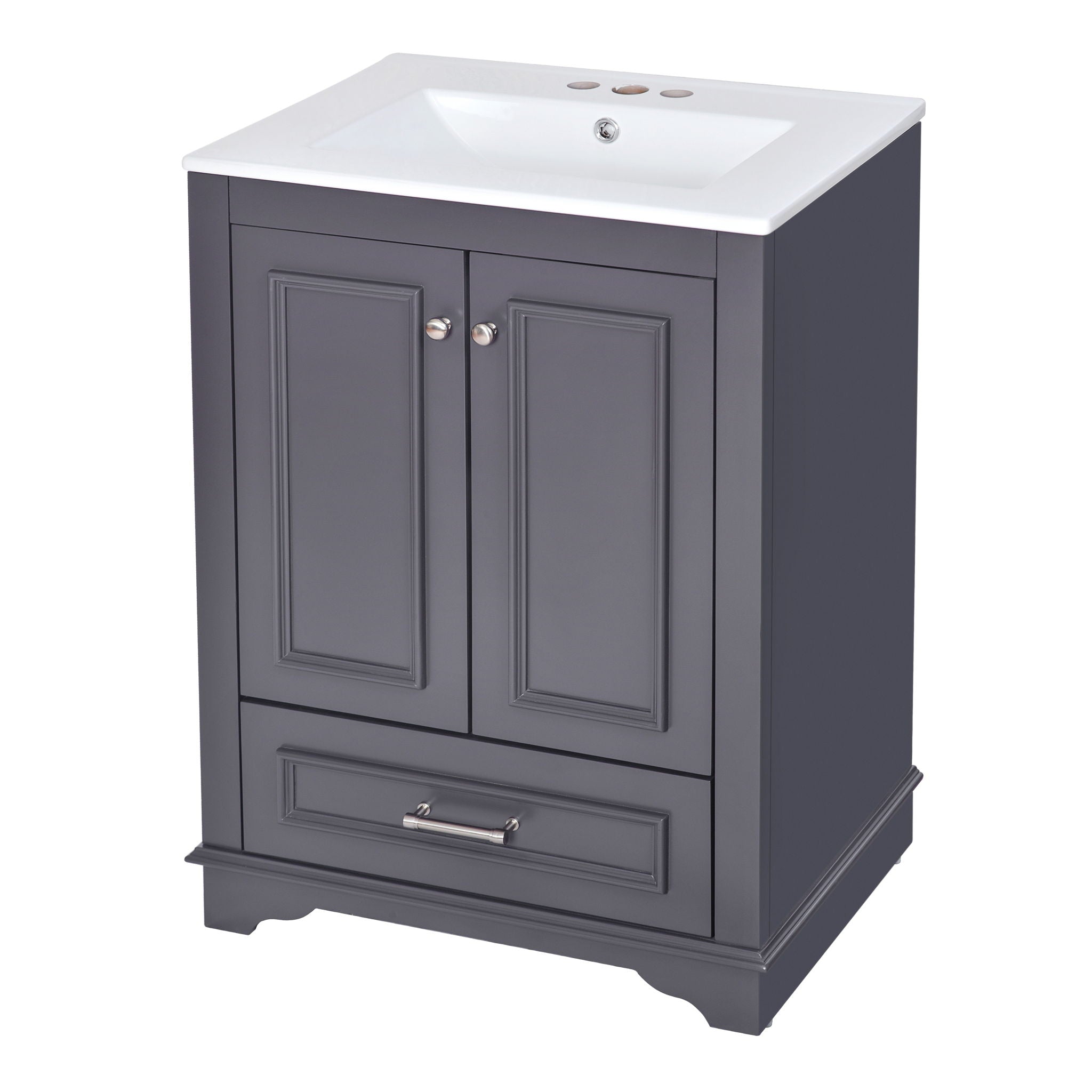 Bathroom Vanity With Ceramic Sink Combo, Modern Freestanding Storage Cabinet With Silver Handles