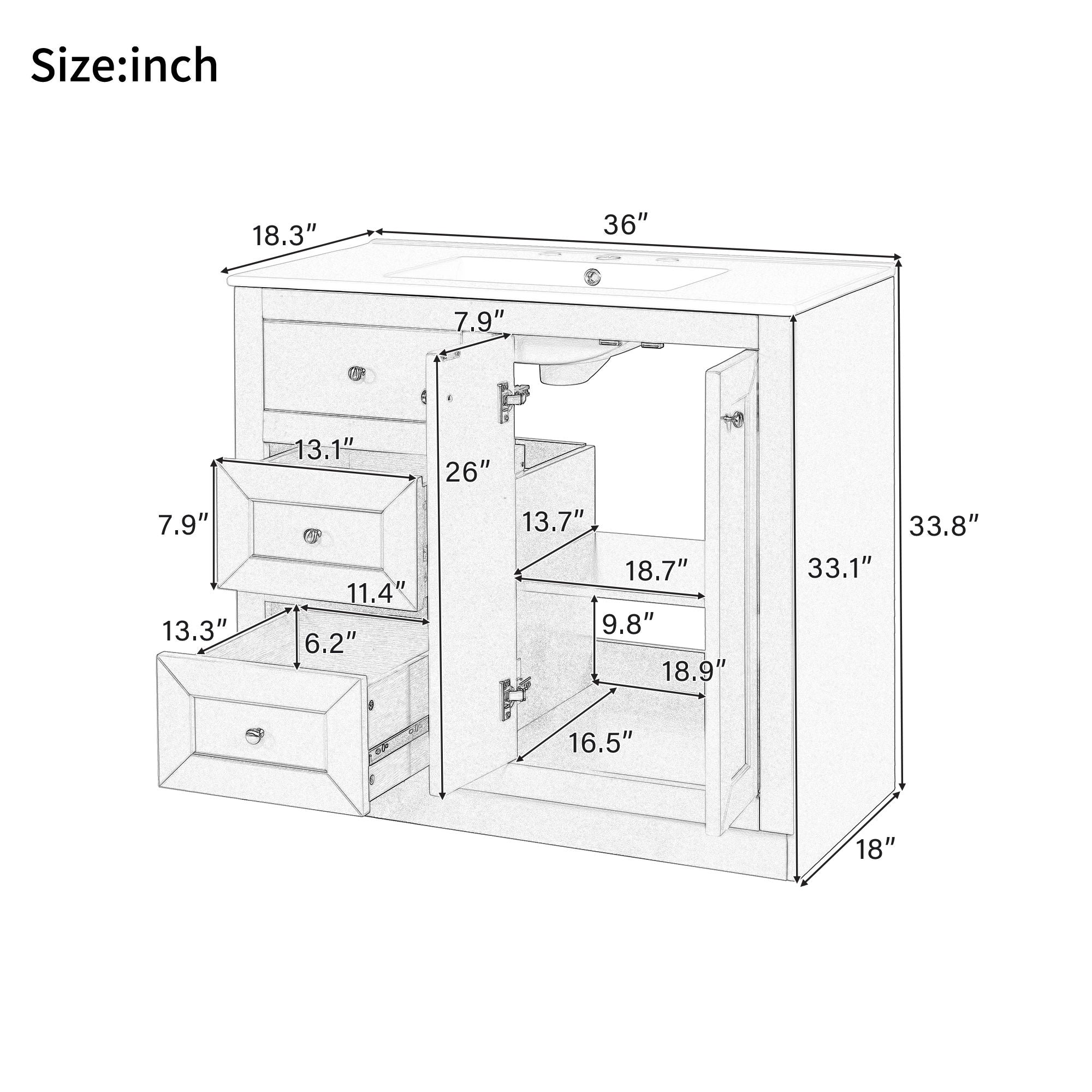 Bathroom Vanity With Ceramic Sink, Bathroom Storage Cabinet With 2 Drawers & Shelf, Freestanding Bathroom Cabinet - Blue