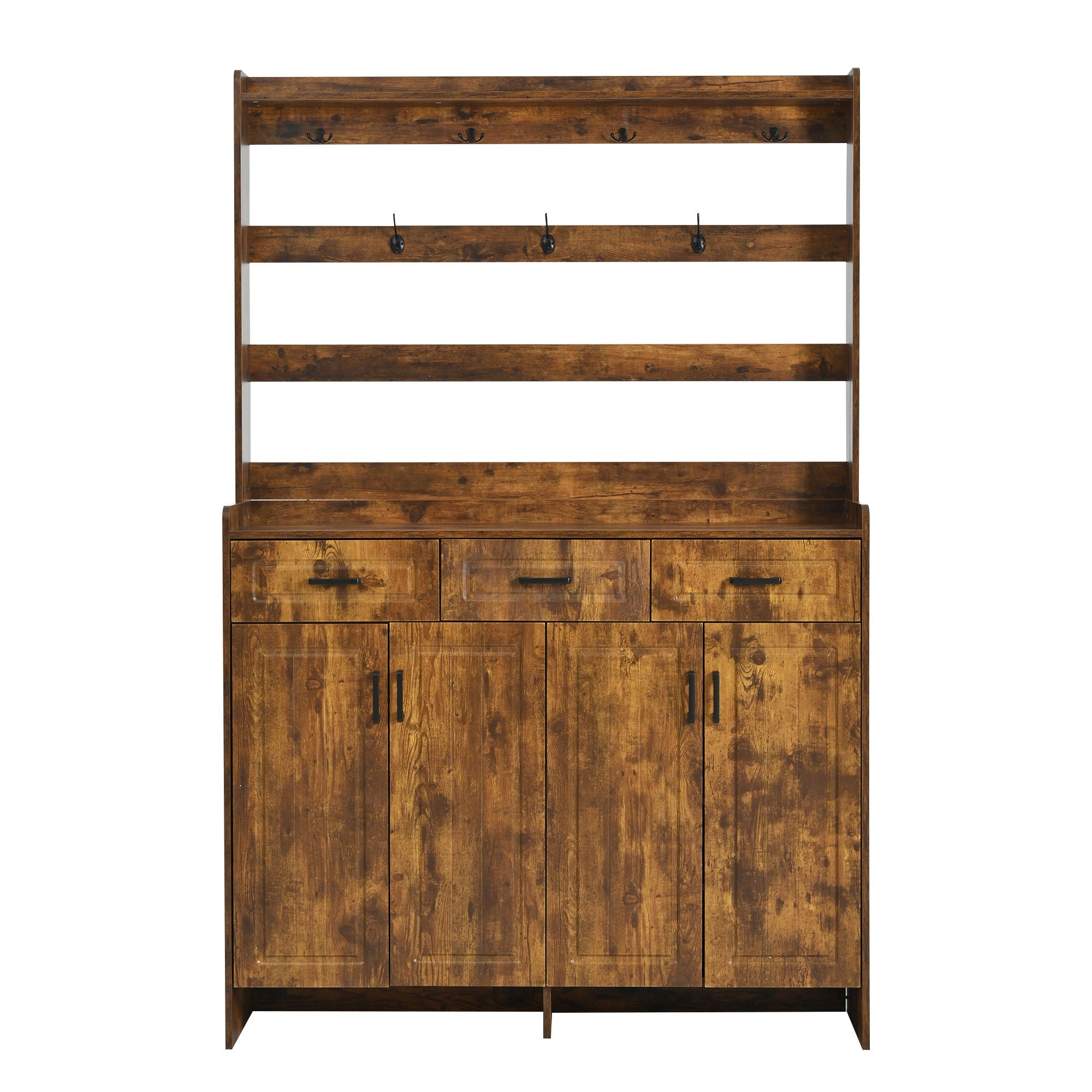 Minimalist 4 Door Shoe Cabinet With Coat Rack, 3 Drawers, 8 Shelves, Metal Hooks And Handles