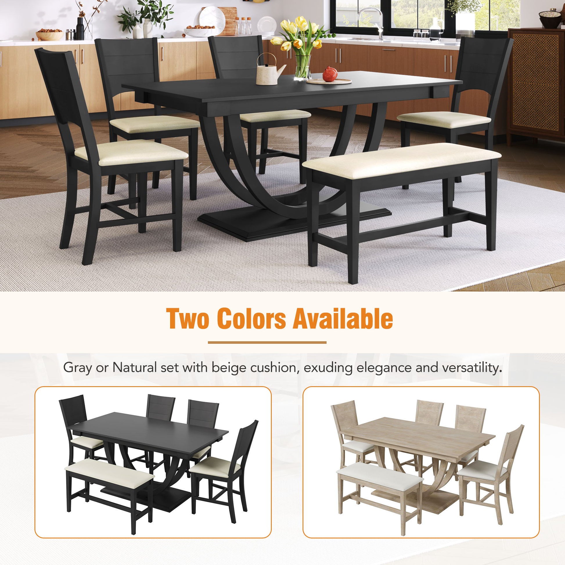 Topmax - 6 Piece Wood Half Round Dining Table Set Kitchen Table Set With Long Bench And 4 Dining Chairs, Modern Style - Best Buy Furniture