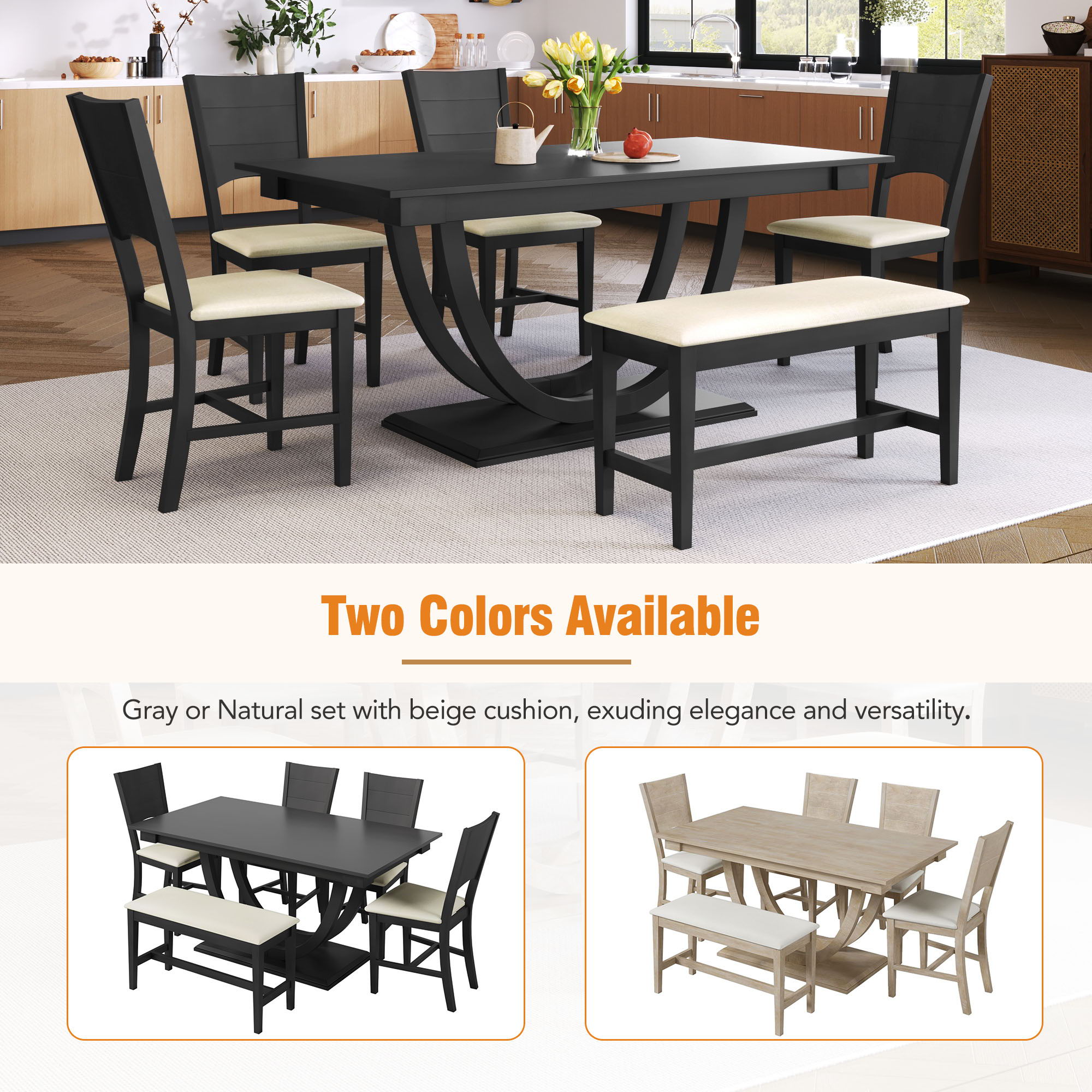 Topmax - 6 Piece Wood Half Round Dining Table Set Kitchen Table Set With Long Bench And 4 Dining Chairs, Modern Style - Best Buy Furniture
