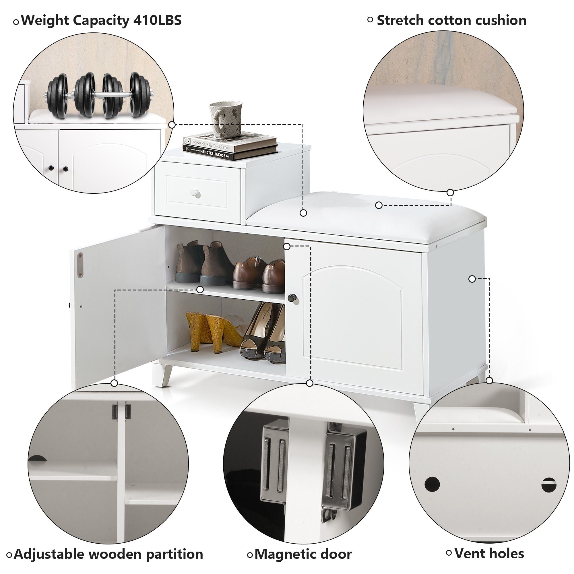 Shoe Storage Bench Cabinet With Fireproof Cushion, Double Doors And Movable Drawer For Door Entrance - White