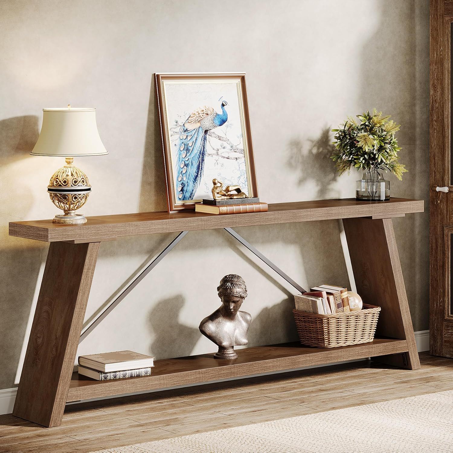 Console Table Extra Long Sofa Table With 2 Tier Shelves For Living Room Foyer - Natural / Light Brown