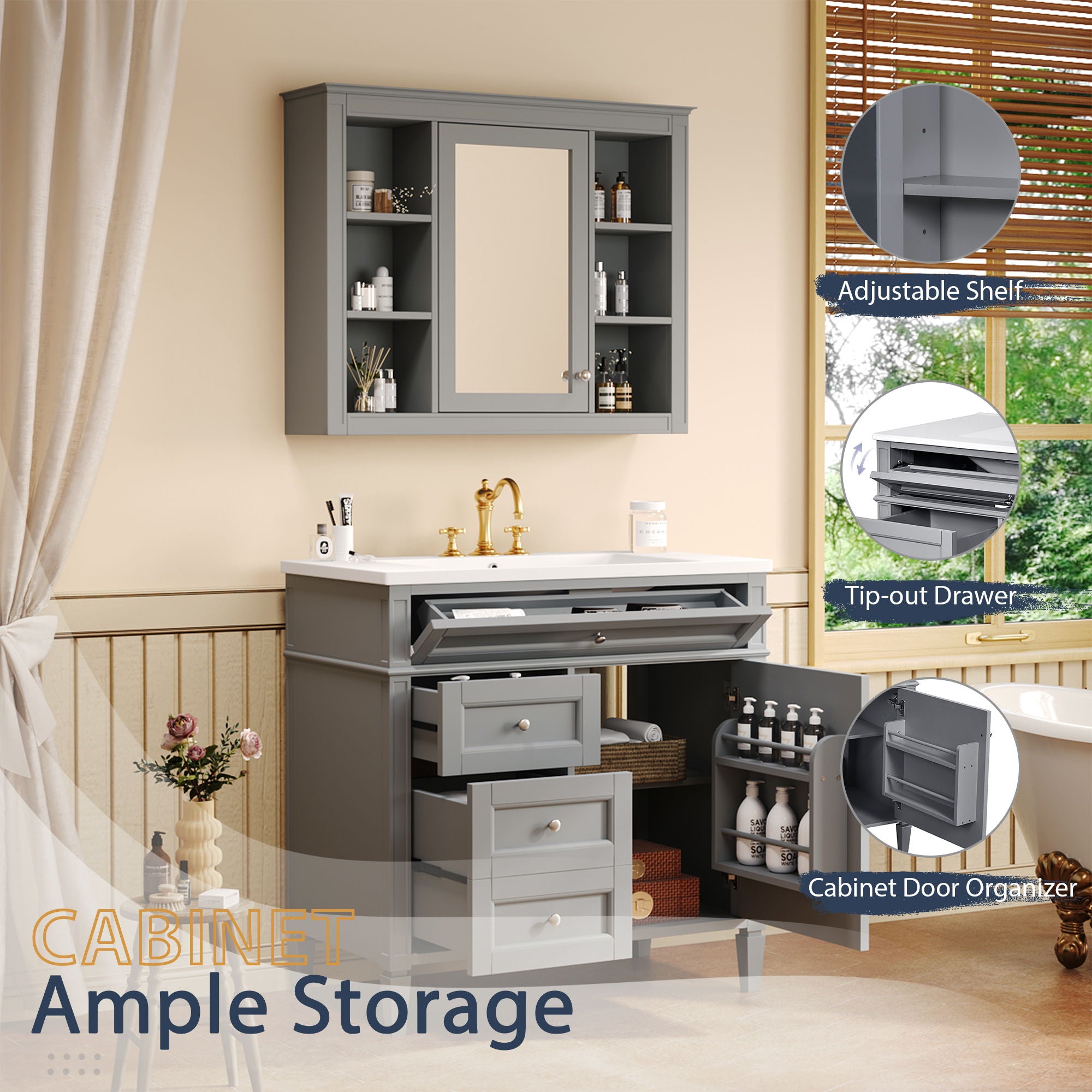 Bathroom Vanity With Mirror Cabinet, Single Sink With 2 Soft Closing Doors And 4 Drawers