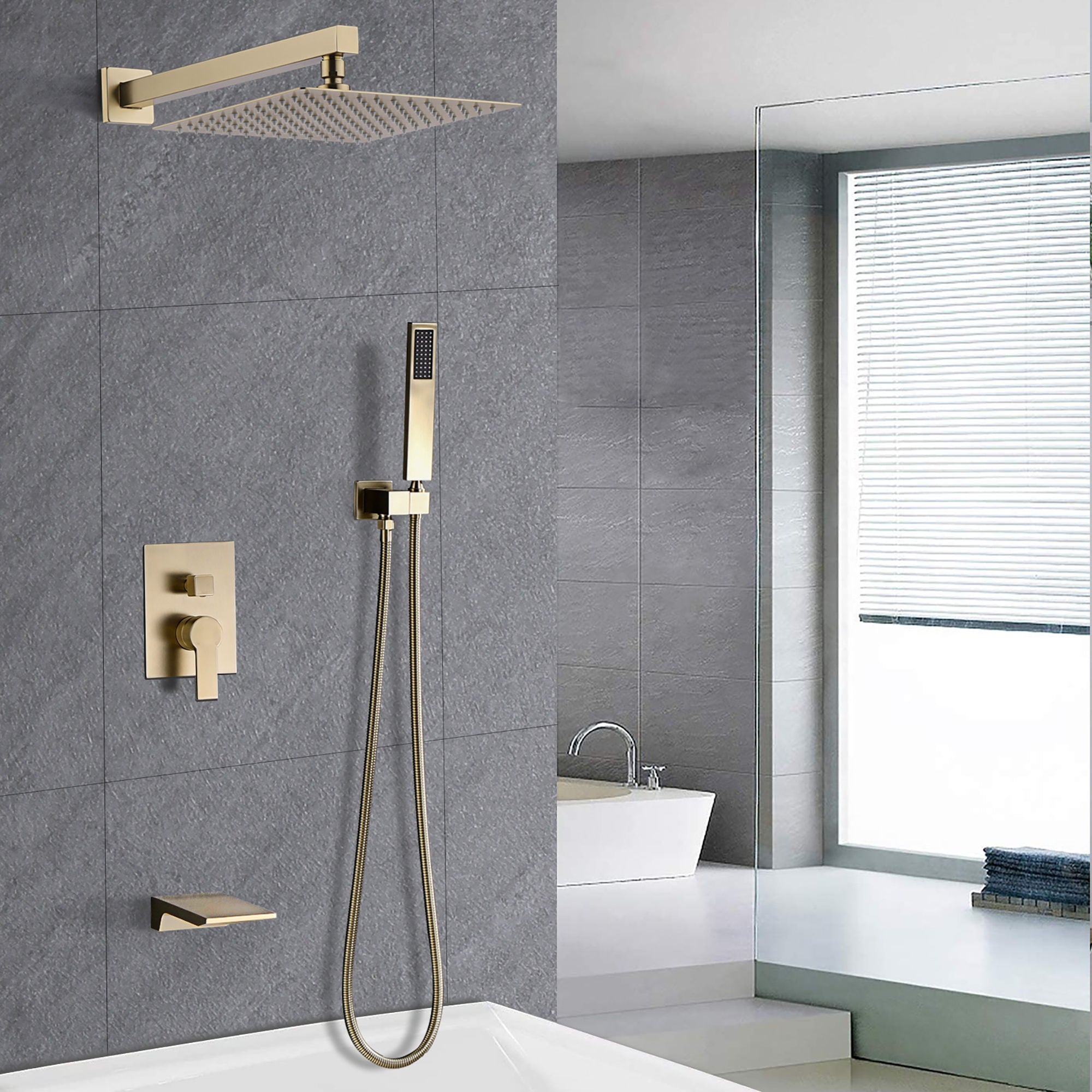 Luxury Bathroom Shower System With 12" Rain Shower Head Handheld Mixer - Brushed Gold