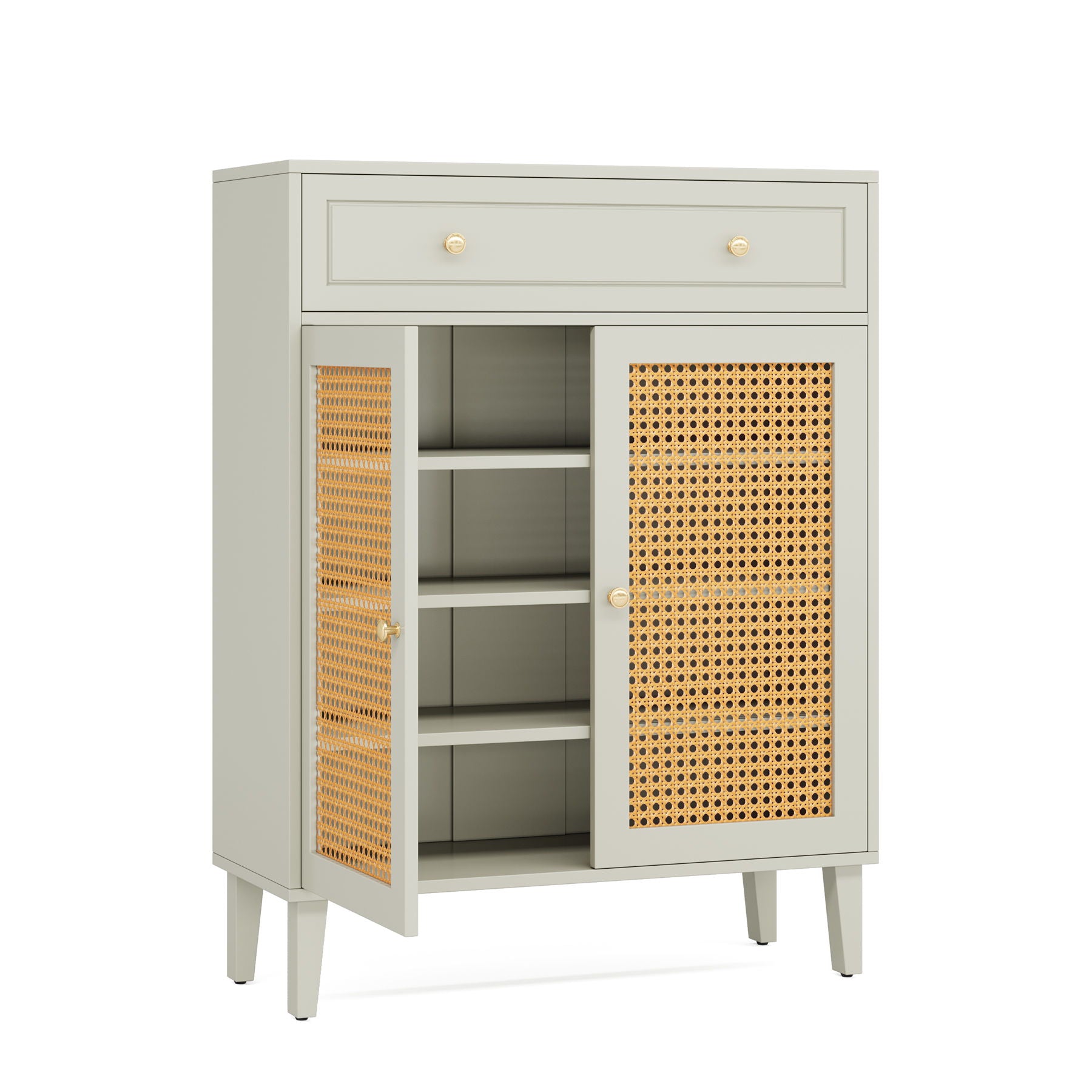 Shoe Cabinet With Rattan Doors And Drawer, 4 Tier Storage Organizer - Mint Green