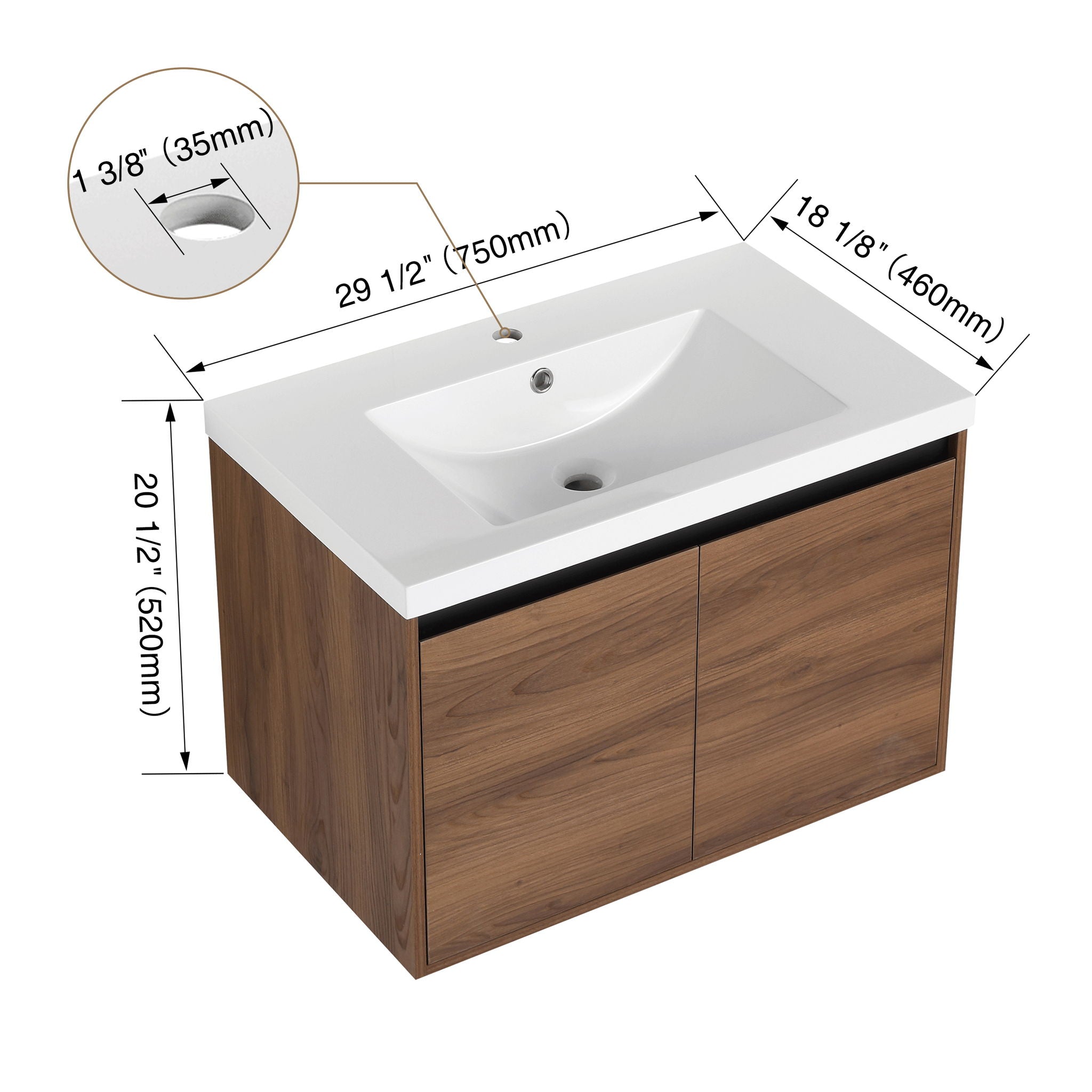 Bathroom Vanity Set With Resin Countertop Sink And 2 Doors, Engineered Wood