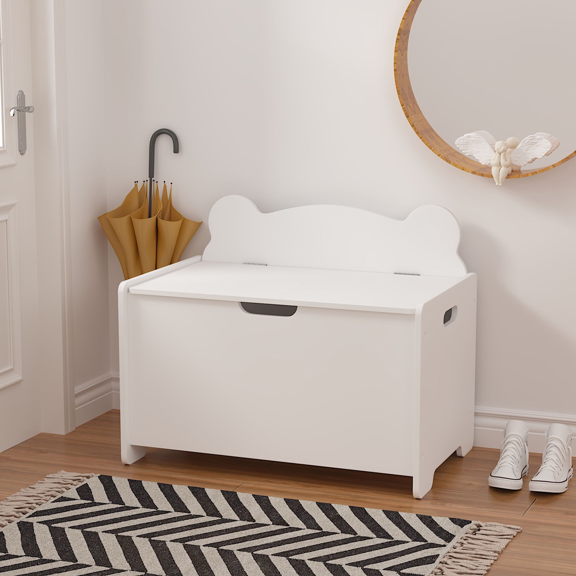Toy Box With Bear Headboard, Organizer Storage Chest - White