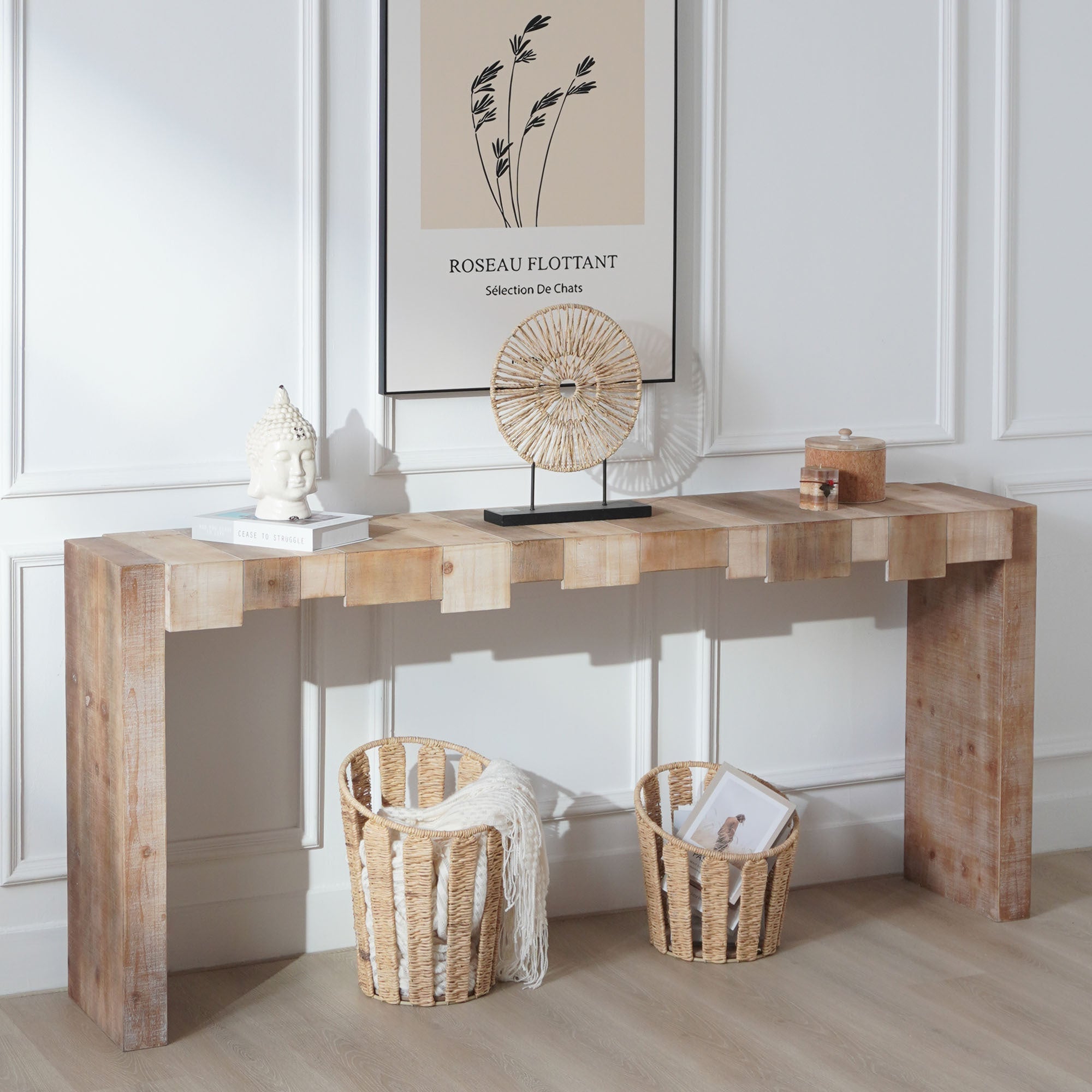 Modern Rustic Console Table - 71' Entryway Table with Sculpted Block Design - Narrow Sofa Table for Hallway, Living Room, or Foyer