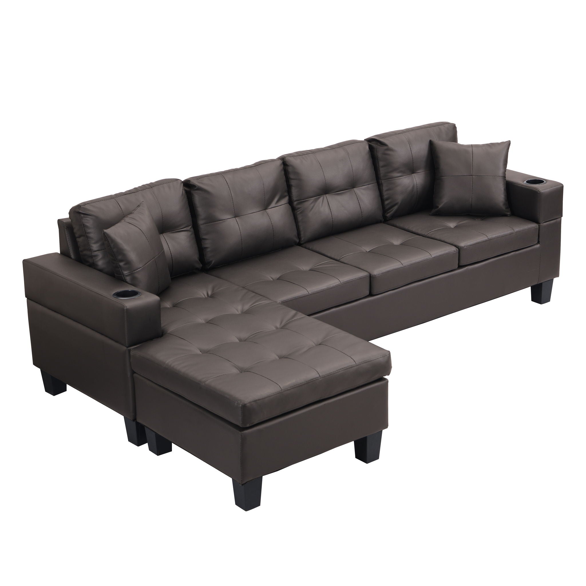 Modern Sectional Sofa Set With L Shape Chaise Lounge, Cup Holder, 4 Seat