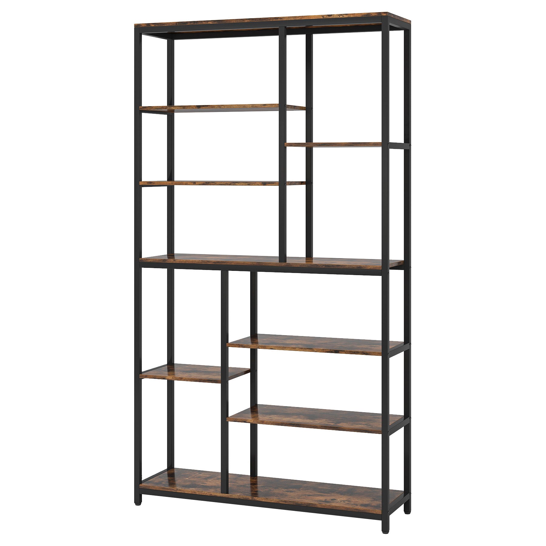 Extra Tall 8 Tier Staggered Etagere Bookcase With 8 Shelves Organizer For Living Room - Rustic Brown