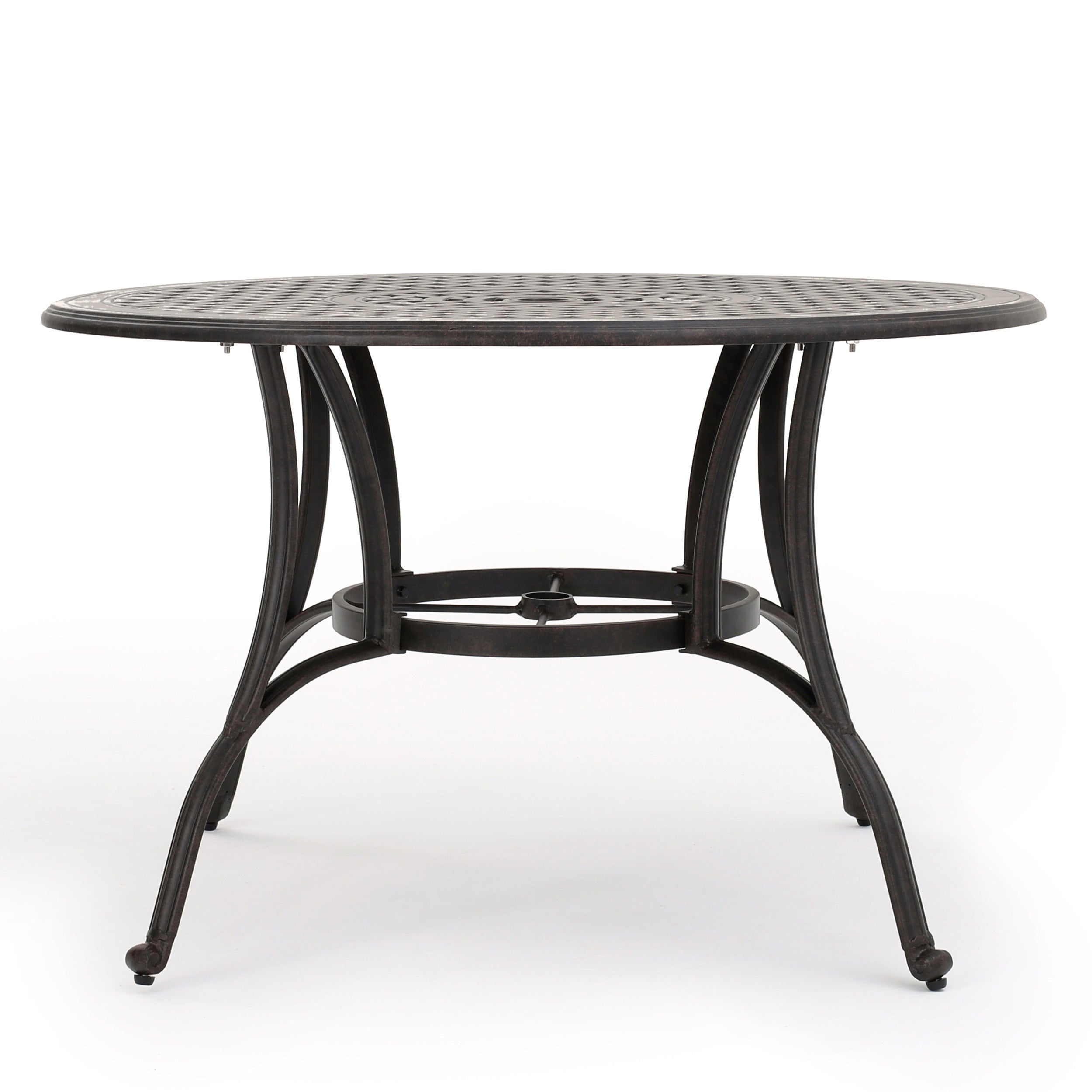 Outdoor cast aluminum circular dining table, bronze