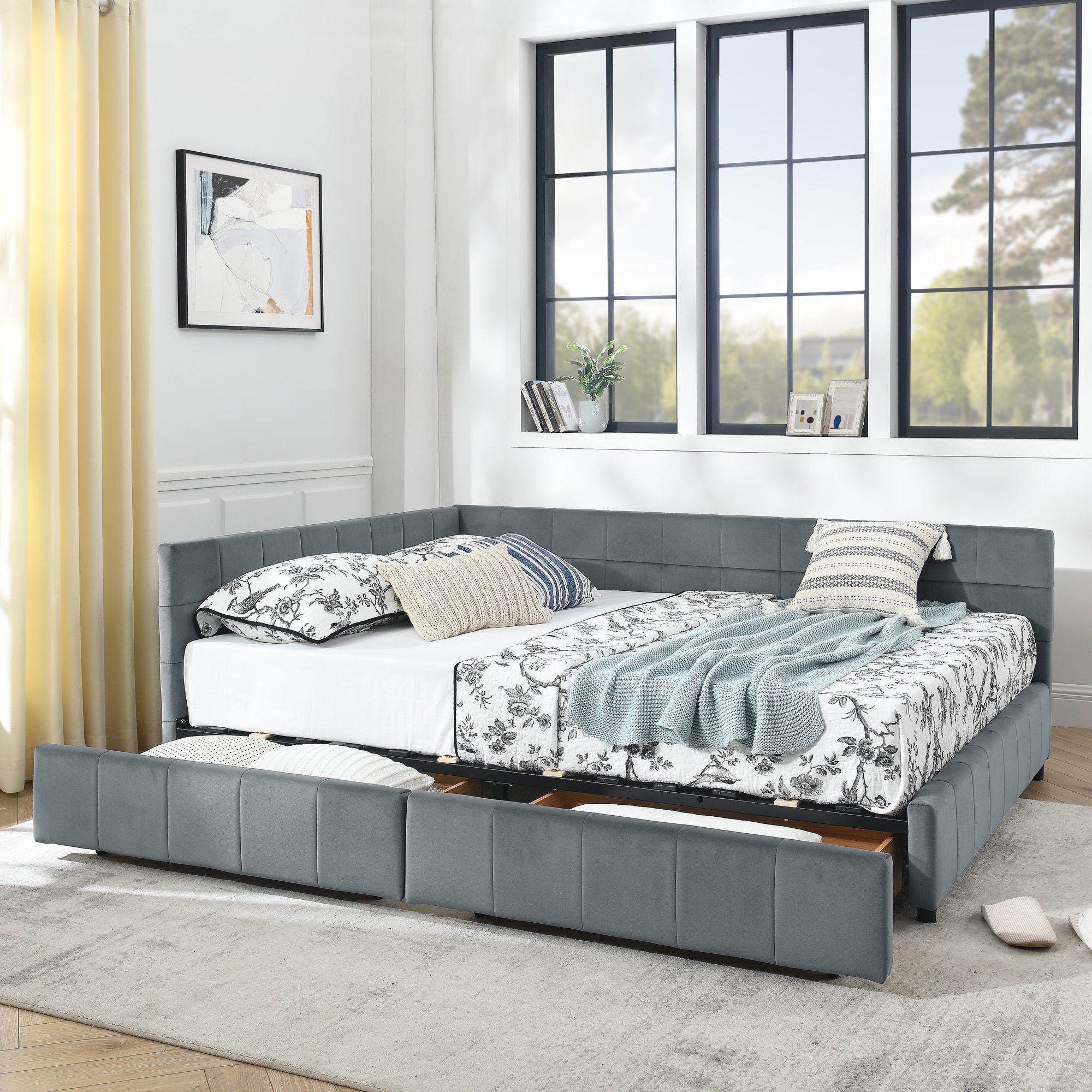 Mid-Century Storage Upholstered Tufted Bed Frame With Backrest And Armrests