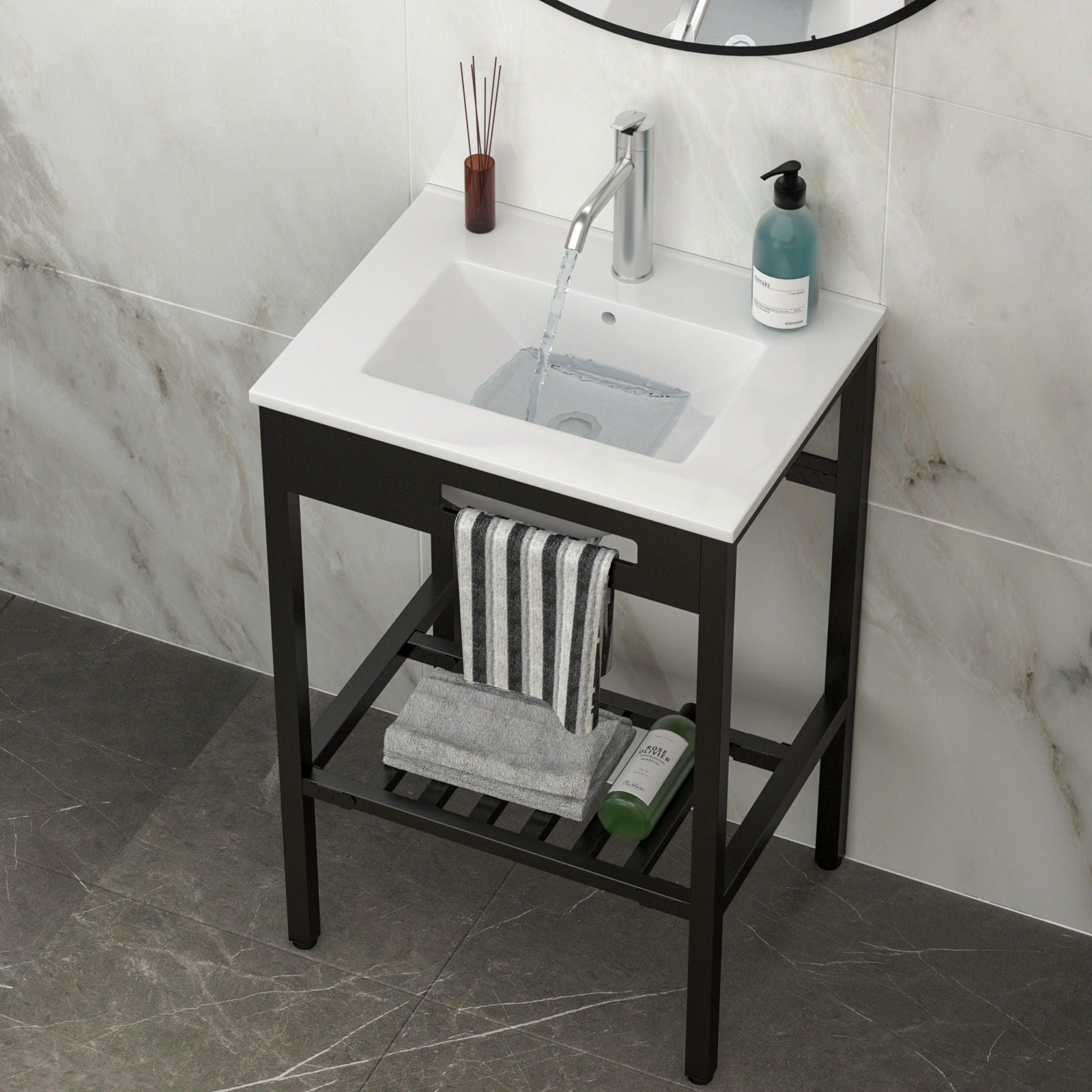 Console Sink With Legs, 24" X 18", Durable Porcela With Frame - White / Black