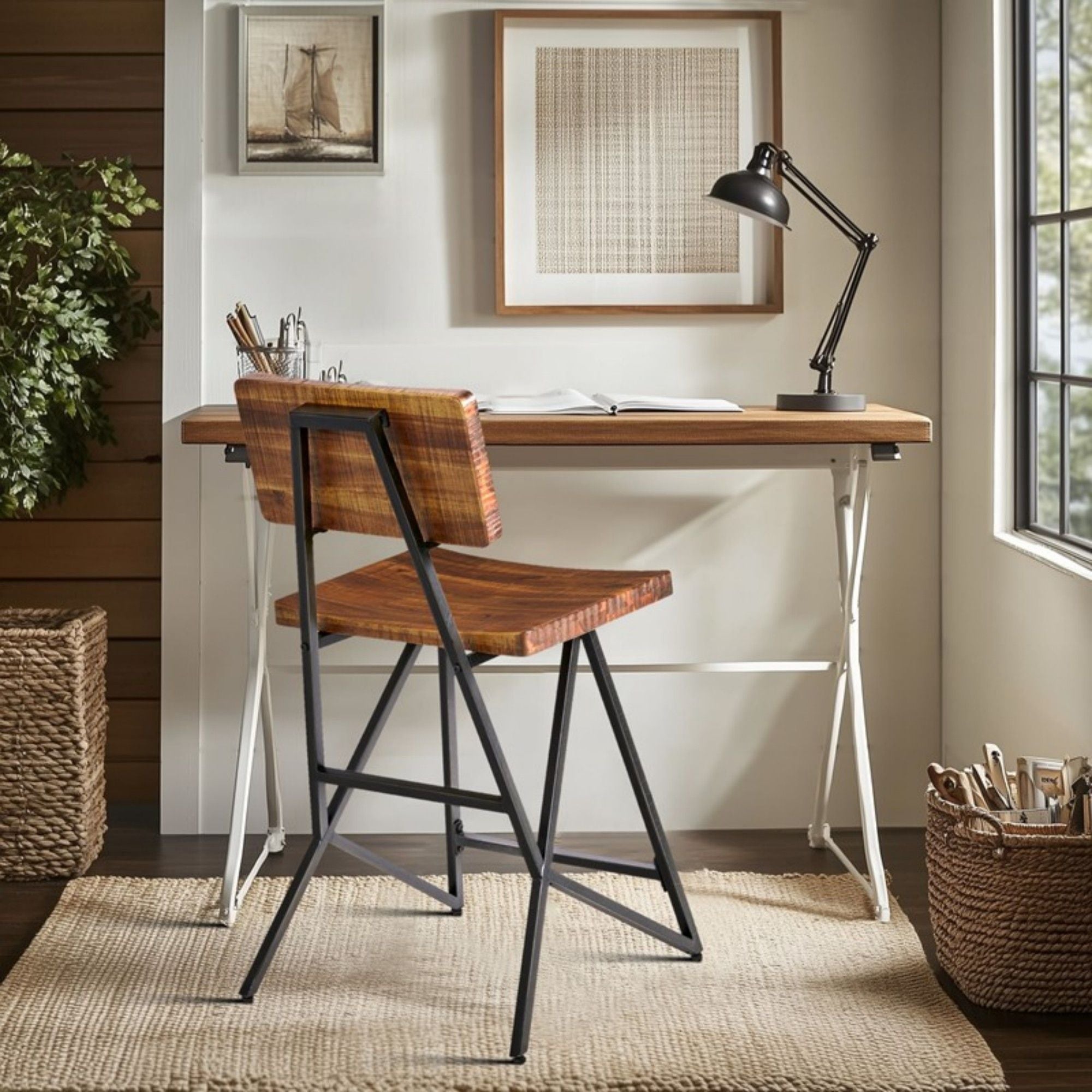 Trestle Counter Stool With Reclaimed - Reclaimed Brown / Gun Metal