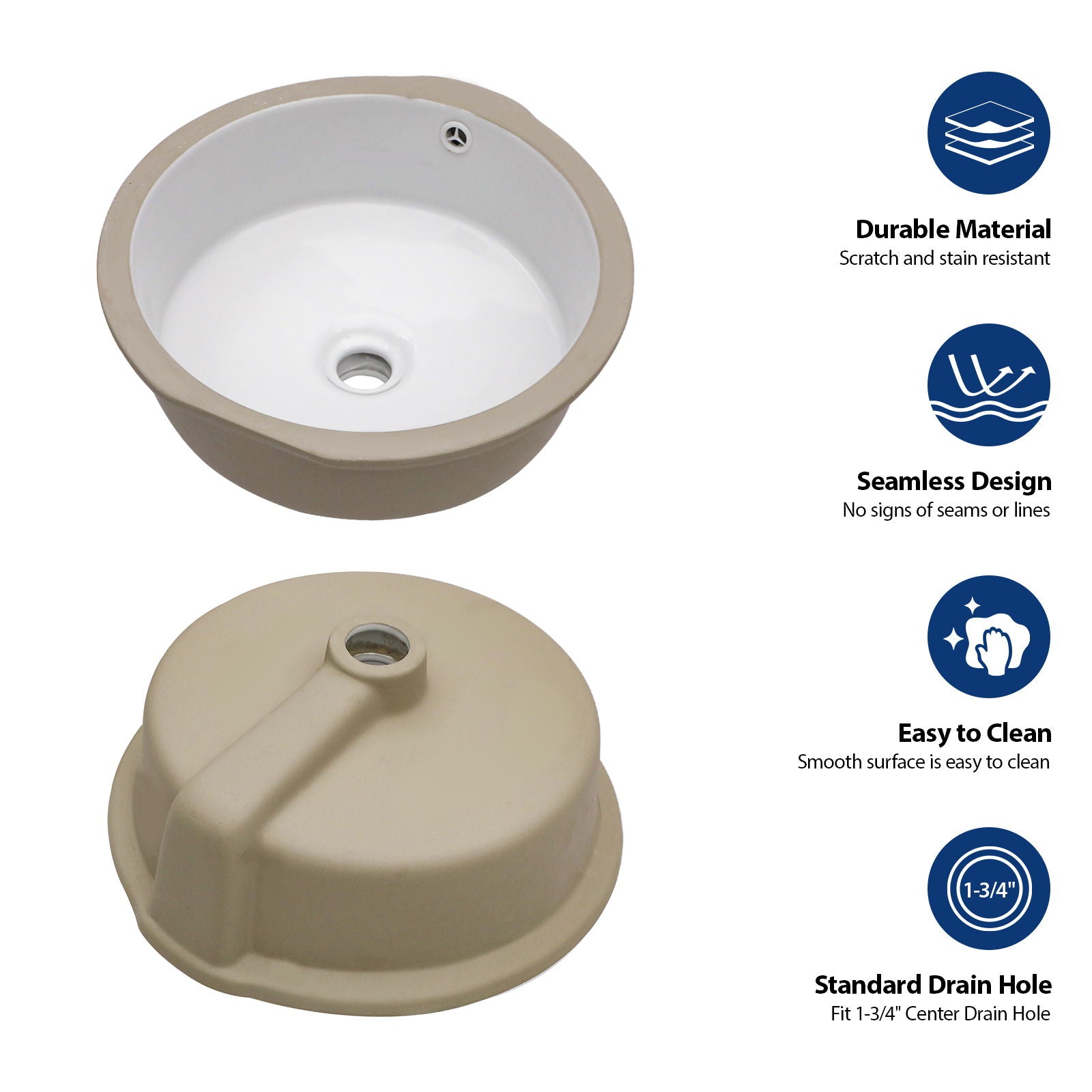 Ceramic Round Undermount Bathroom Sink With Overflow, European Style - White