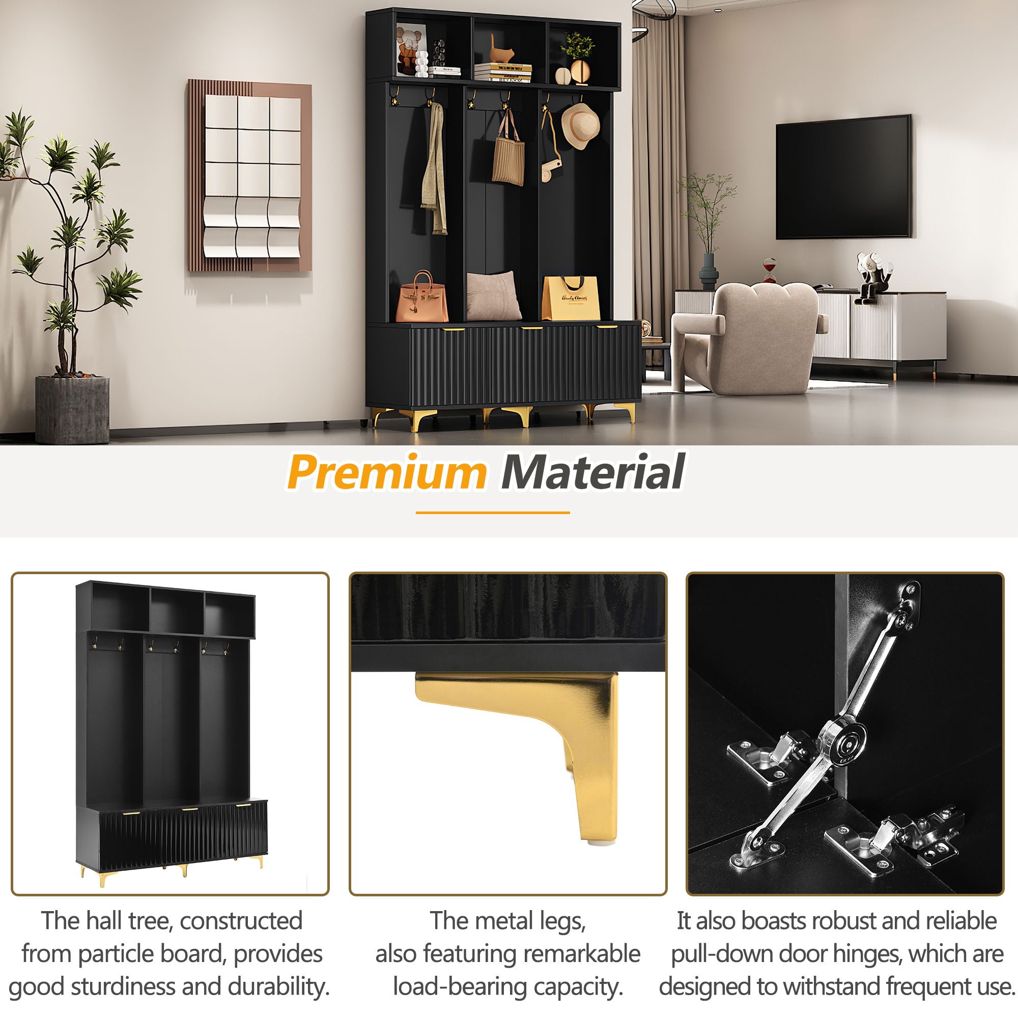 Modern Large Storage Hall Tree With Bench, 6 Hooks