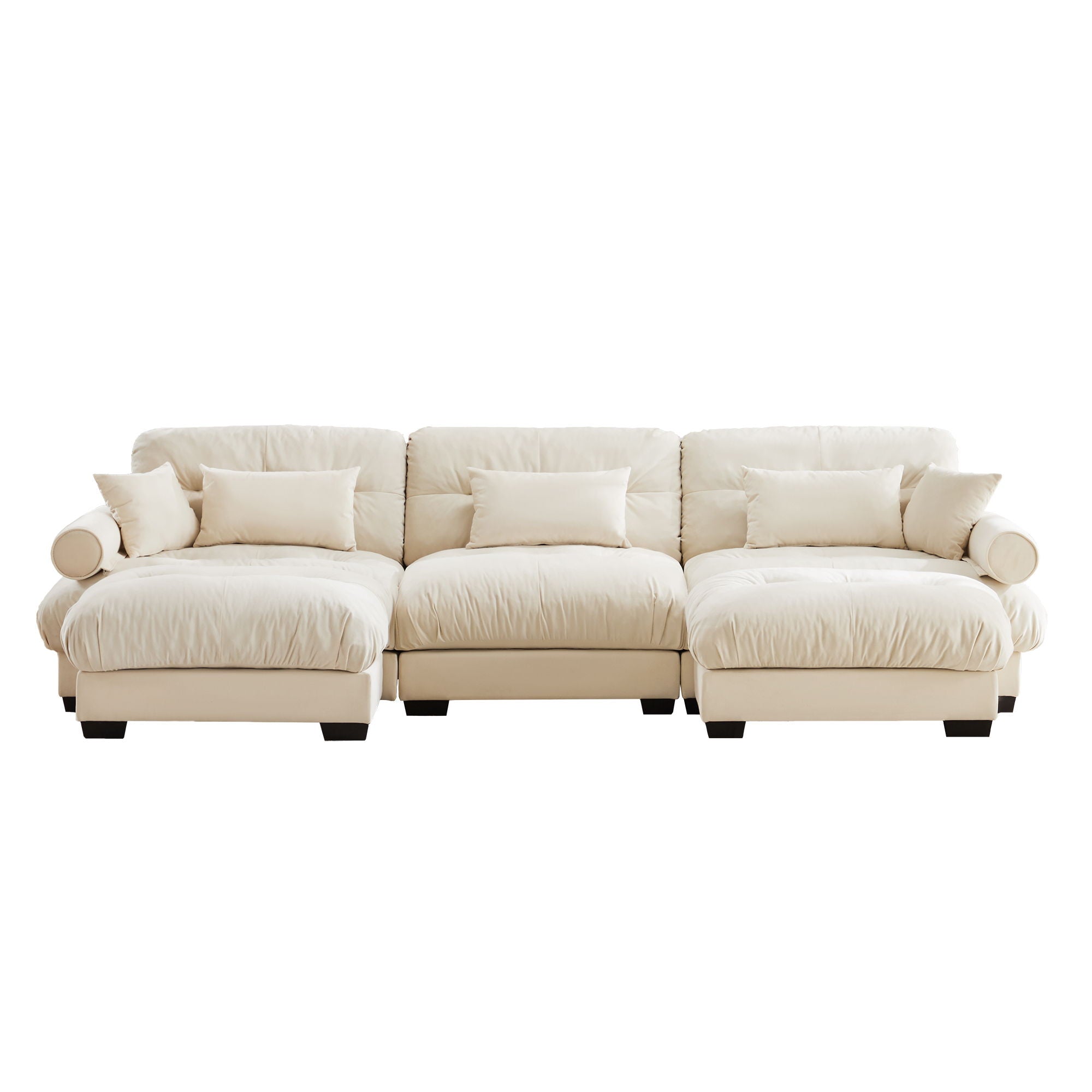 Modern Sectional Sofa With Ottoman, Round Bolster Armrests, Waist And Throw Pillows