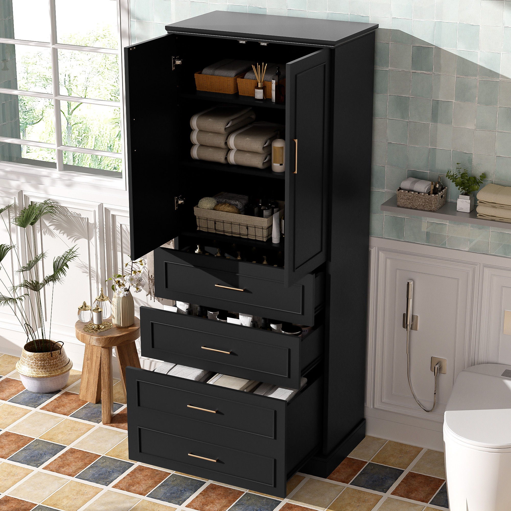 Freestanding Bathroom Cabinet With 3 Drawers, Adjustable Shelf, Soft Close Doors