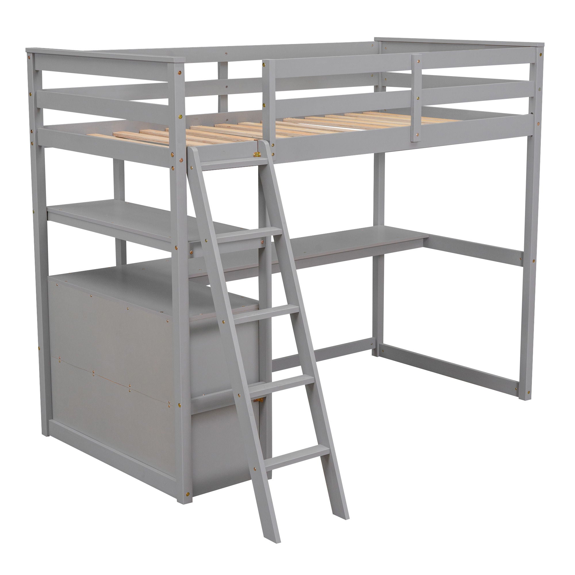 Modern Loft Bed With Built In Desk, Shelves, And 2 Drawers