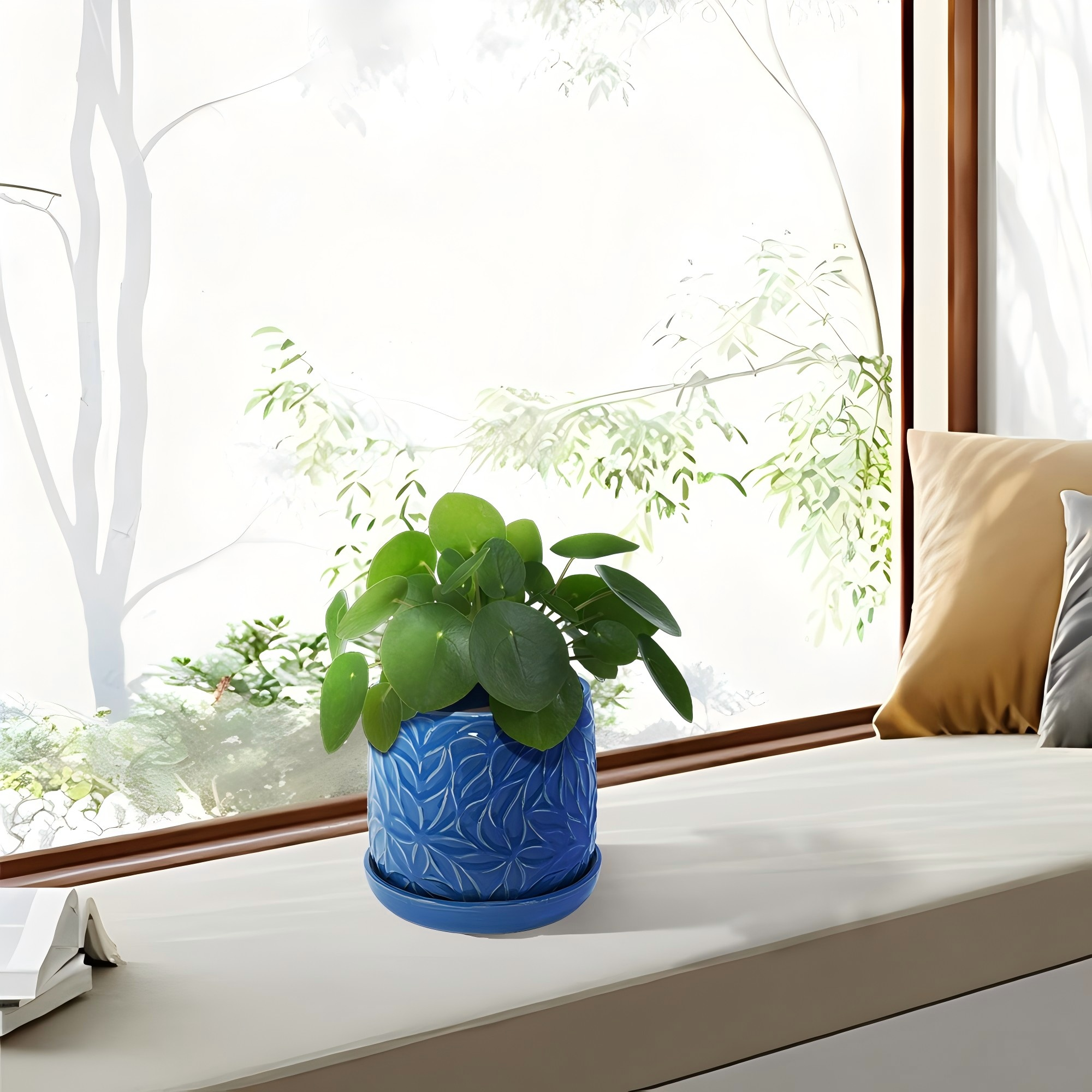 Set of 2 Ceramic Flowerpot, 7' Modern Planter for Patio, Garden, Windowsill - Navy Blue