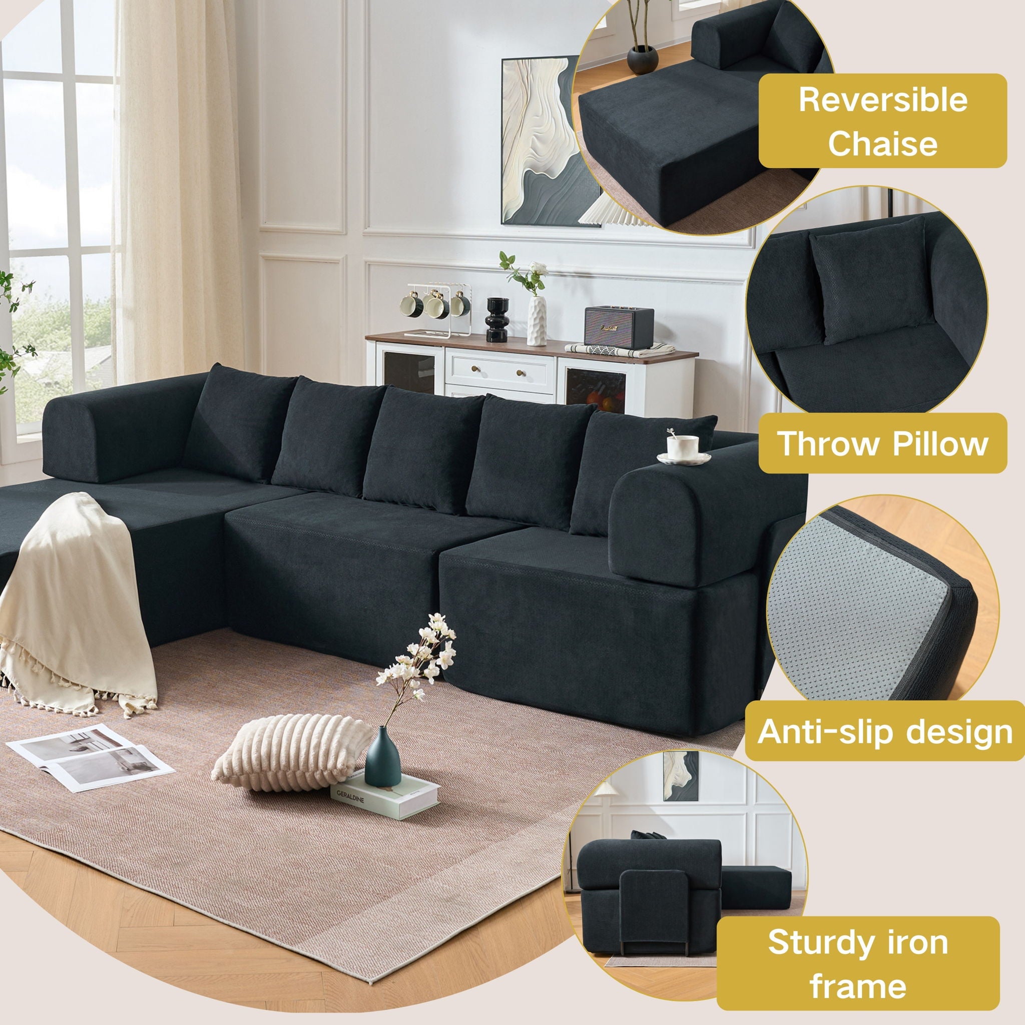Modular L-Shaped Sectional Sofa With Deep Seat, Movable Chaise & 5 Pillows