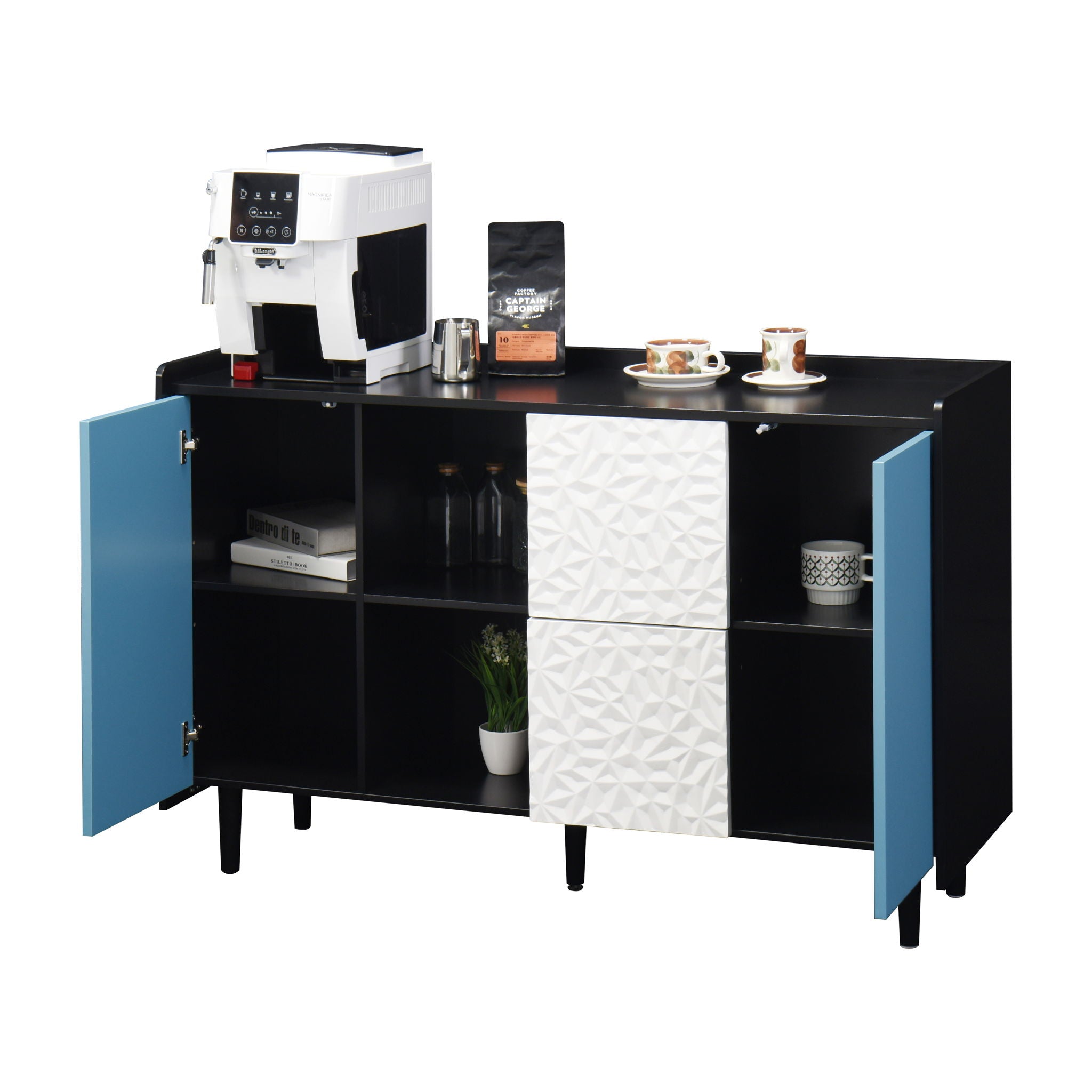 Modern Sideboard Buffet Cabinet With Red Doors And Unique Panel Styling