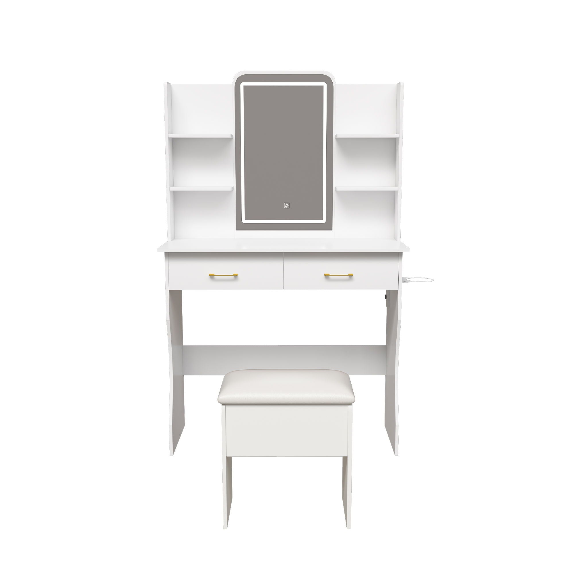 Vanity Desk With LED Lights Mirror, Power Outlet, Storage Drawers & Chair - White