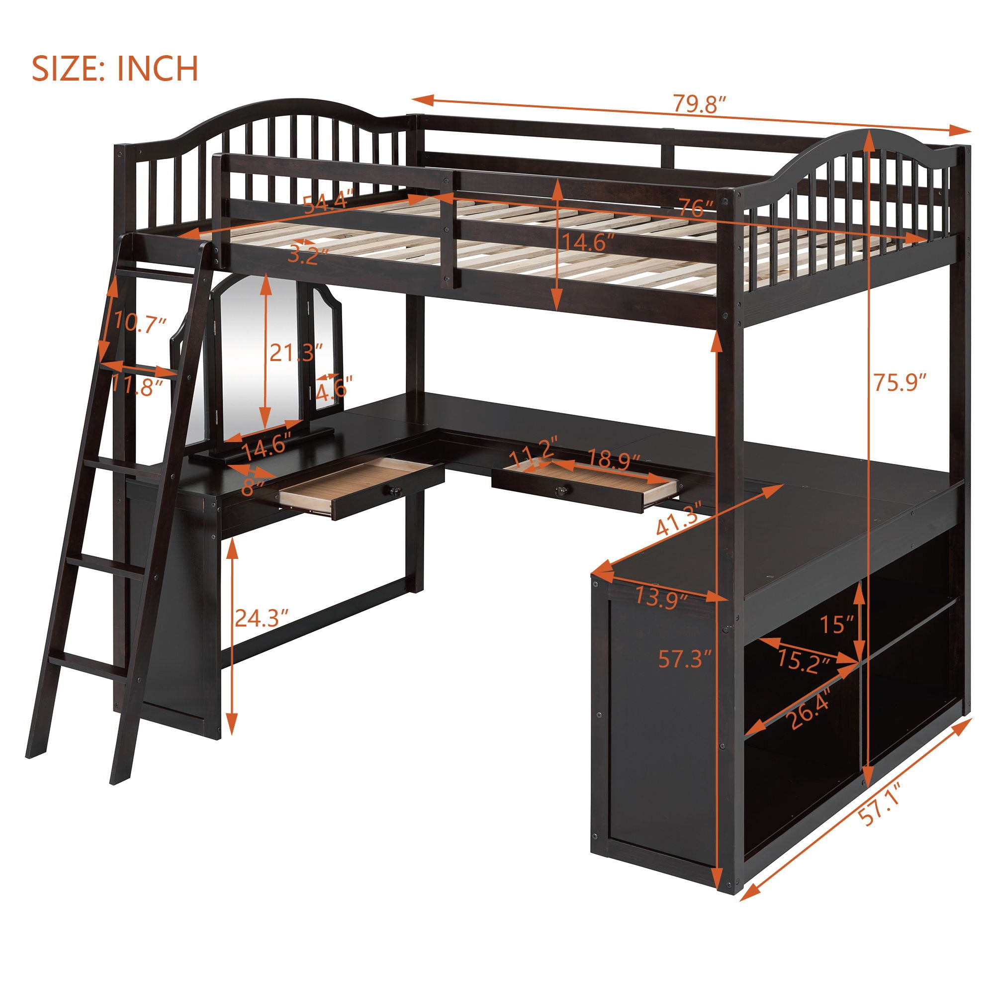 Loft Bed With Drawers, Cabinet, Shelves With Desk