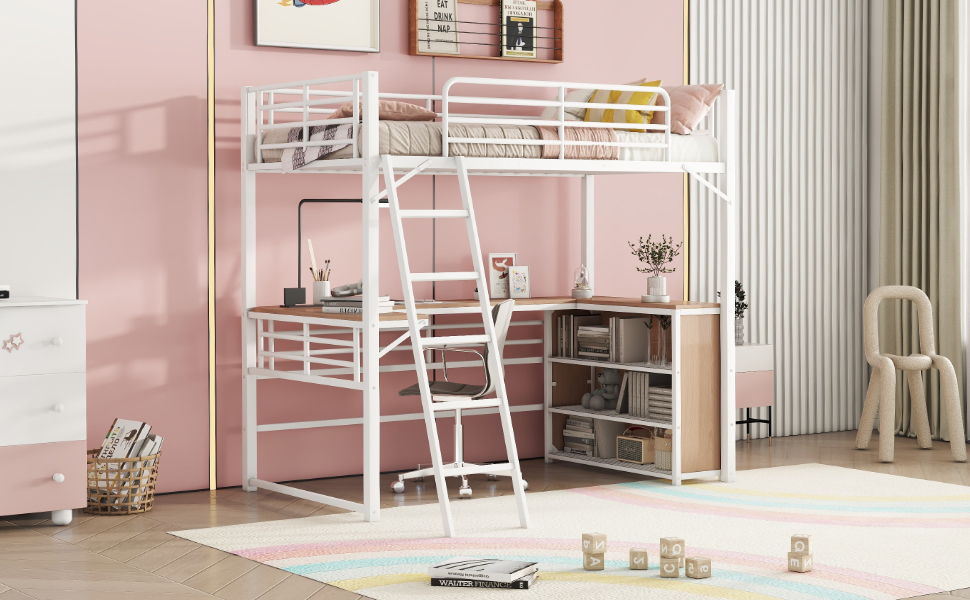 Loft Bed & 3 Layers Of Shelves And L-Shaped Desk