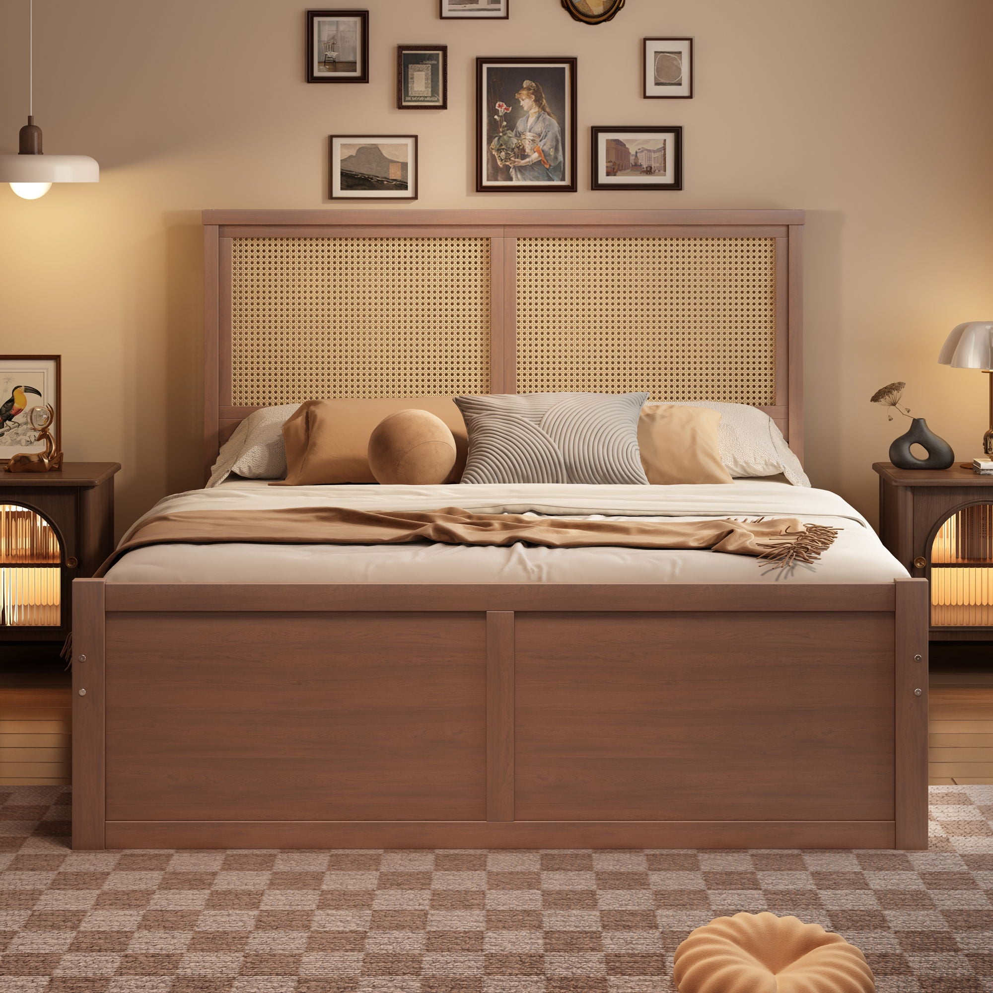 Storage Platform Bed With 4 Drawers, Rattan Headboard