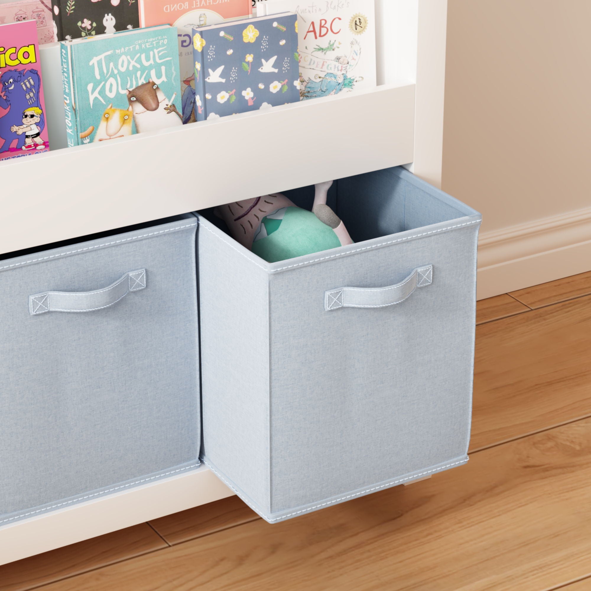 Bookshelf With 3 Tier Front Facing Storage And 3 Bins, Toddler Bookcase For Playroom - White