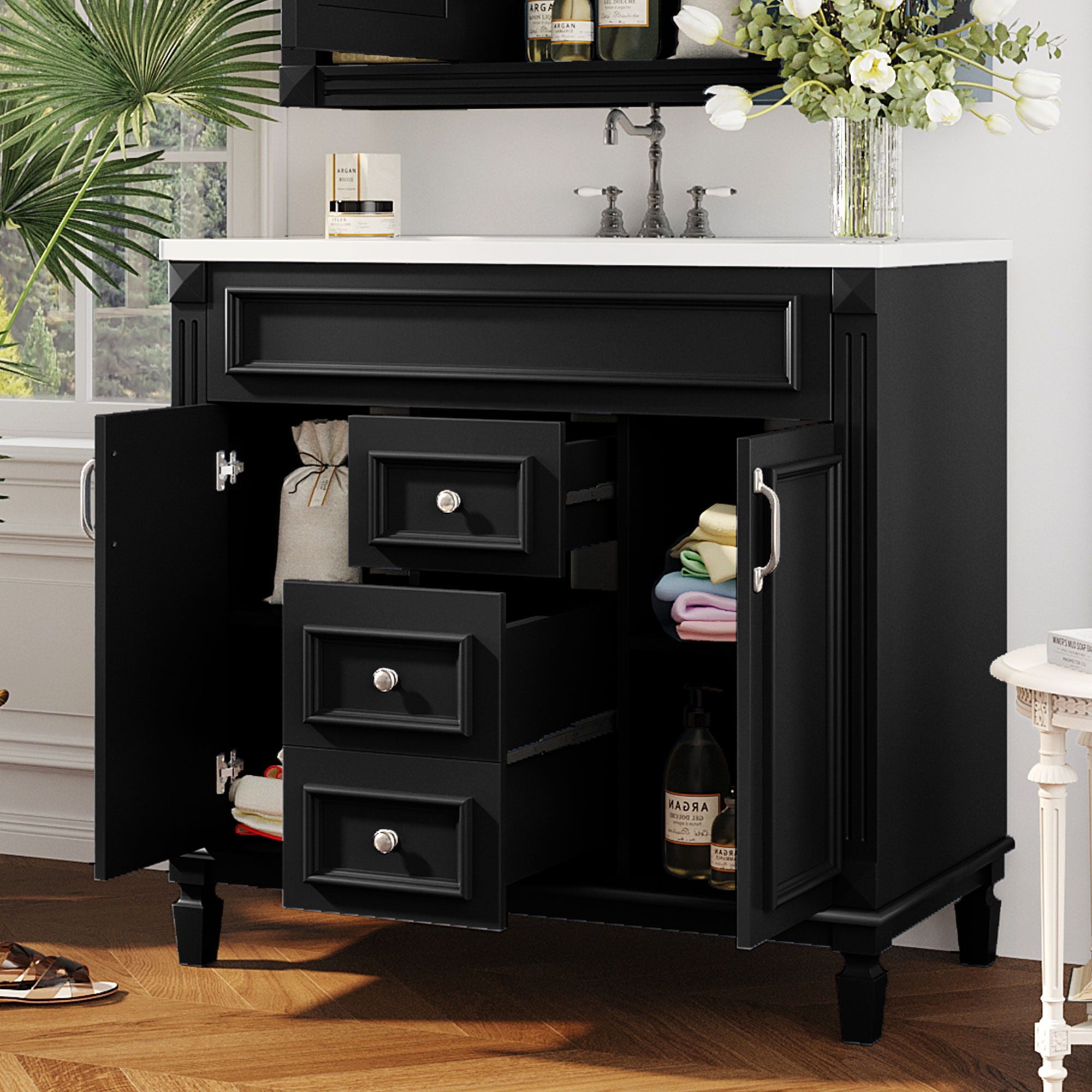 Bathroom Vanity With Top Sink, Basin On Cabinet With 2 Soft Closing Doors And 2 Drawers