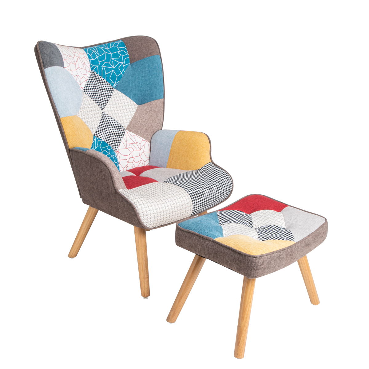 Accent Chair With Ottoman, Living Room Chair And Ottoman Set, Comfy Side Armchair For Bedroom, Creative Splicing Cloth Surface - Colorful