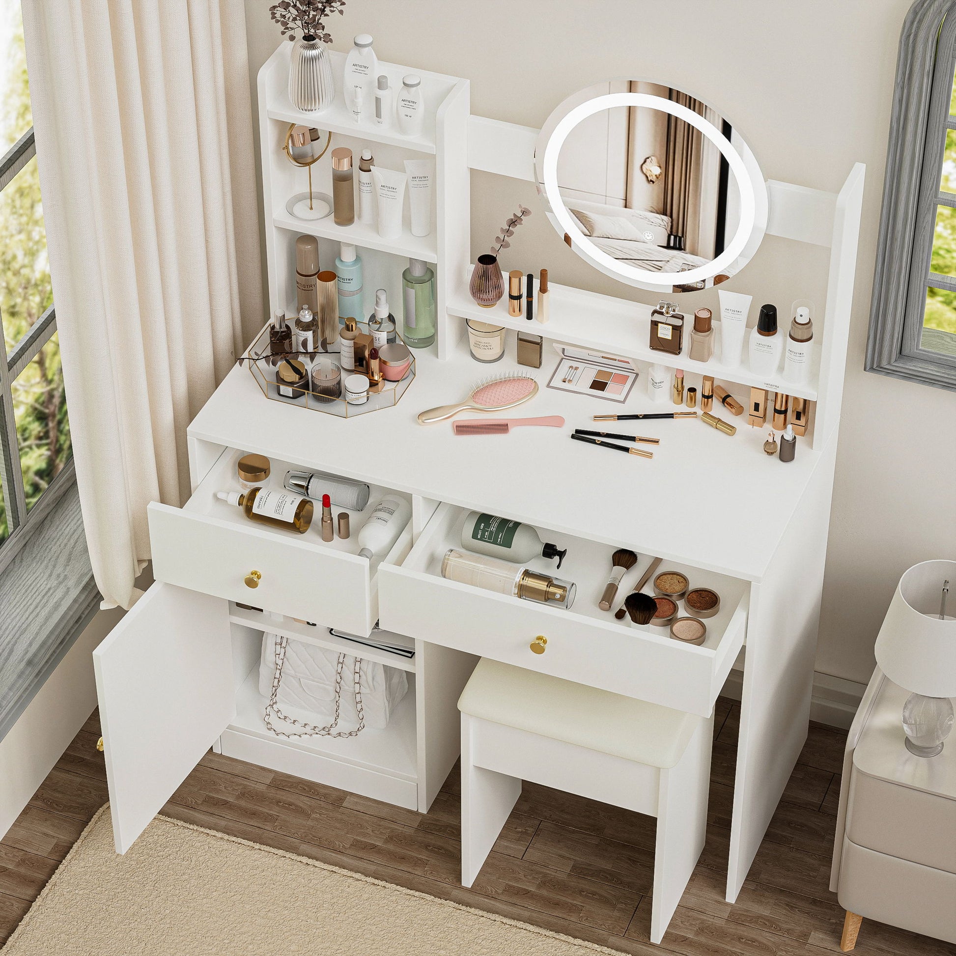 Fashion Vanity Desk With Mirror And Lights For Makeup And Cushioned Chair - White - Best Buy Furniture
