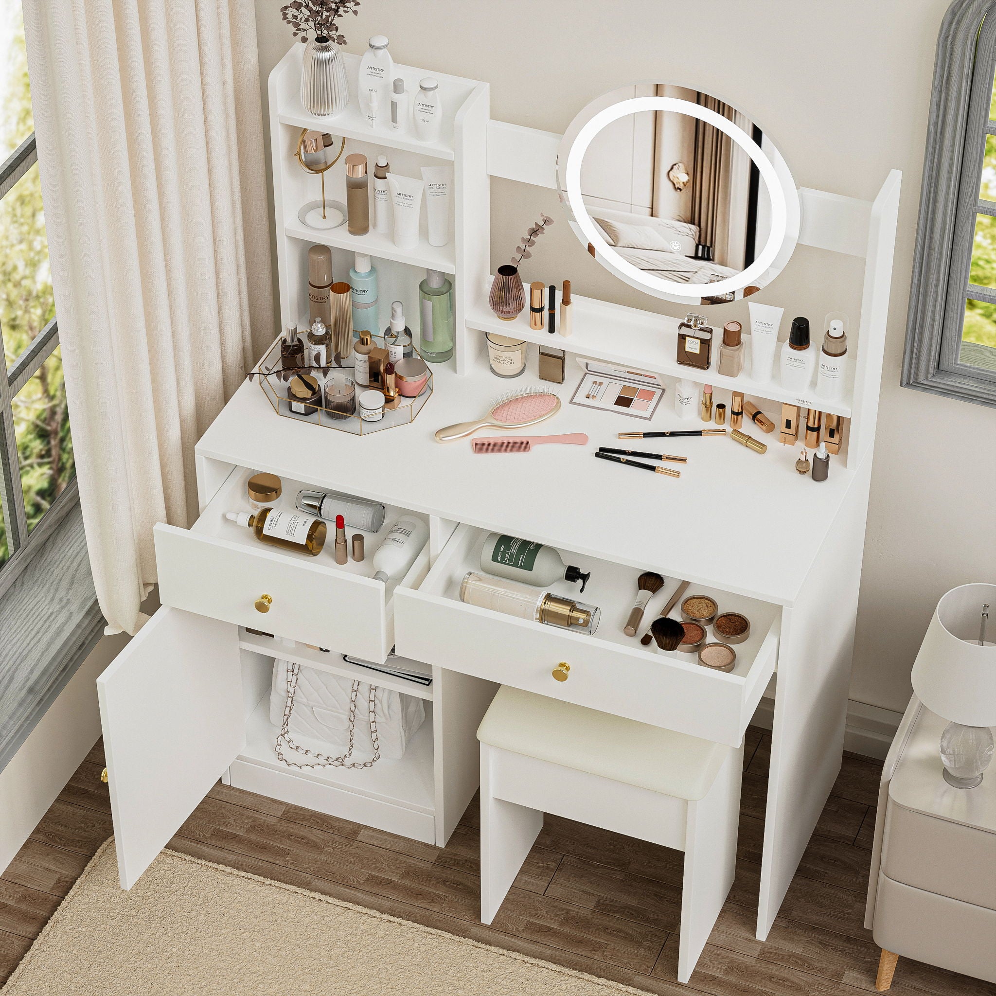 Fashion Vanity Desk With Mirror And Lights For Makeup And Cushioned Chair - White - Best Buy Furniture