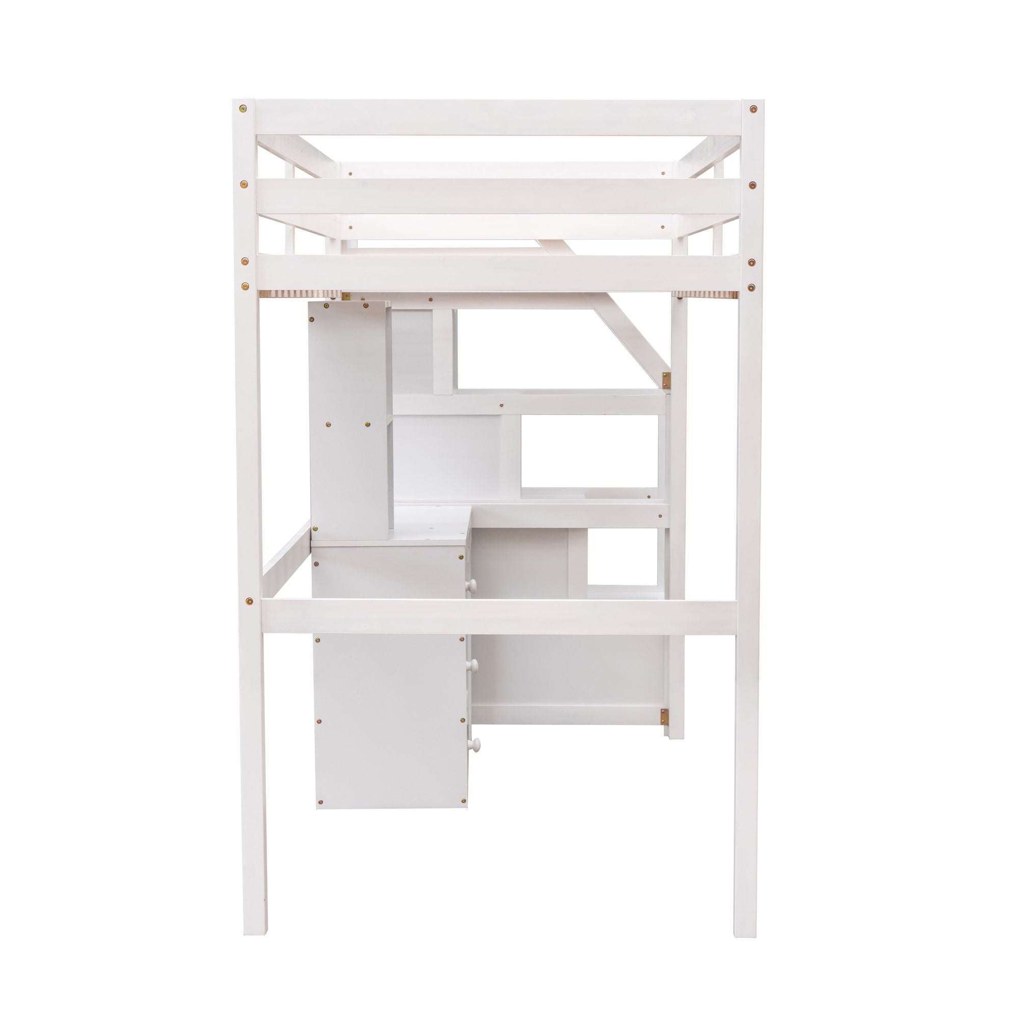 Loft Bed With Stand Alone Bed, Storage Staircase, Desk, Shelves, And Drawers