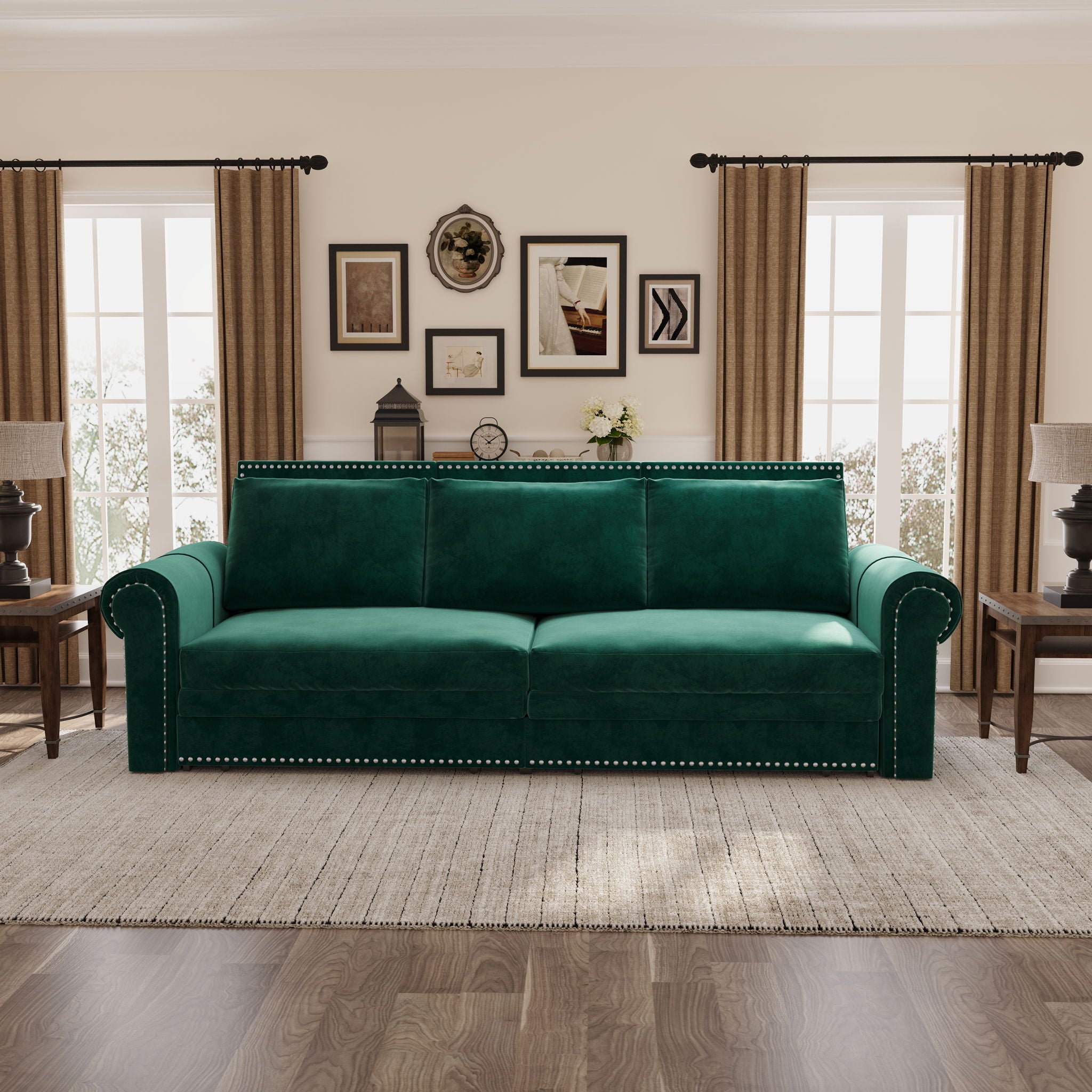 3 In 1 Convertible Sleeper Sofa With Nailhead Trim & Rolled Arm