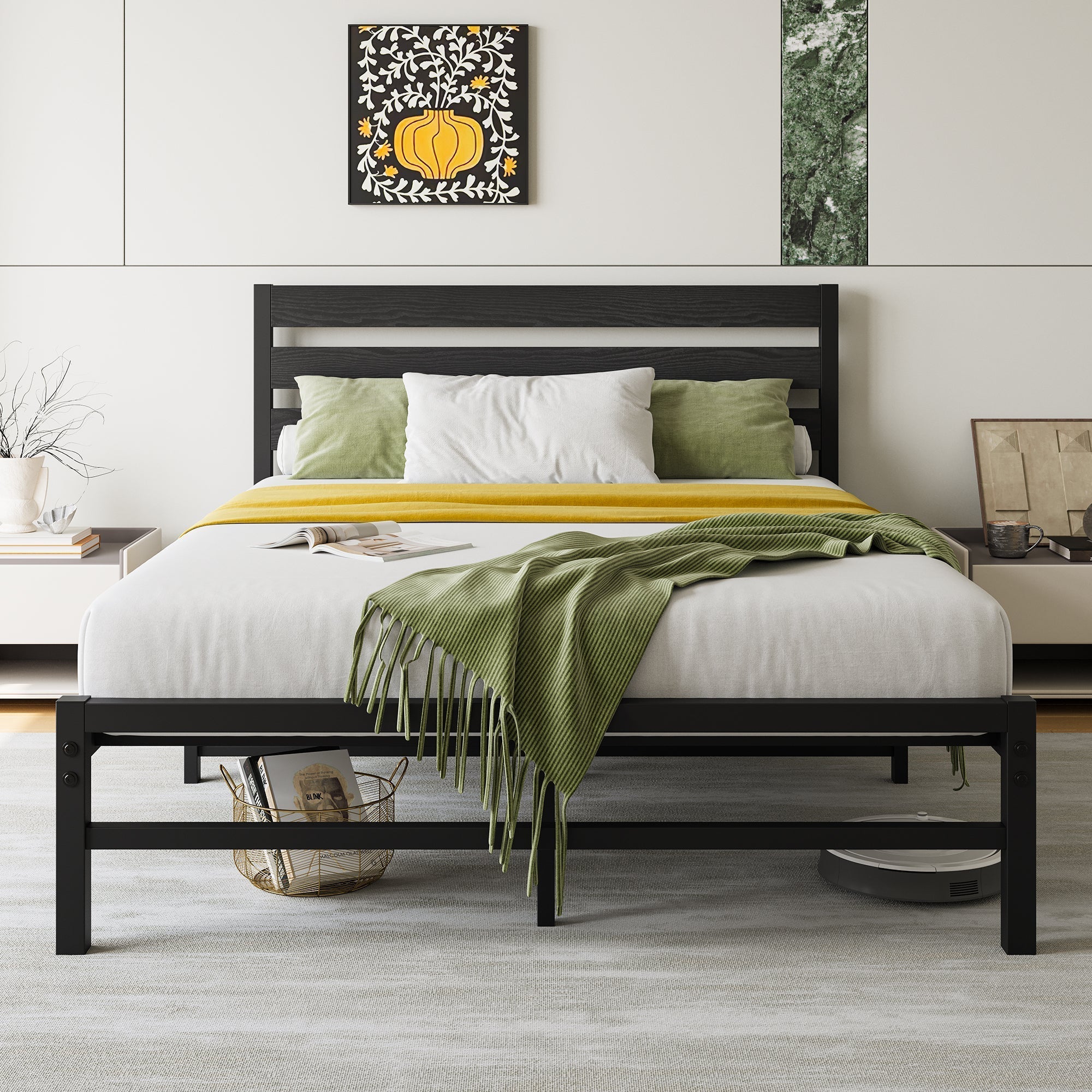 Industrial Platform Bed with Storage and Vintage Wood Headboard - Black