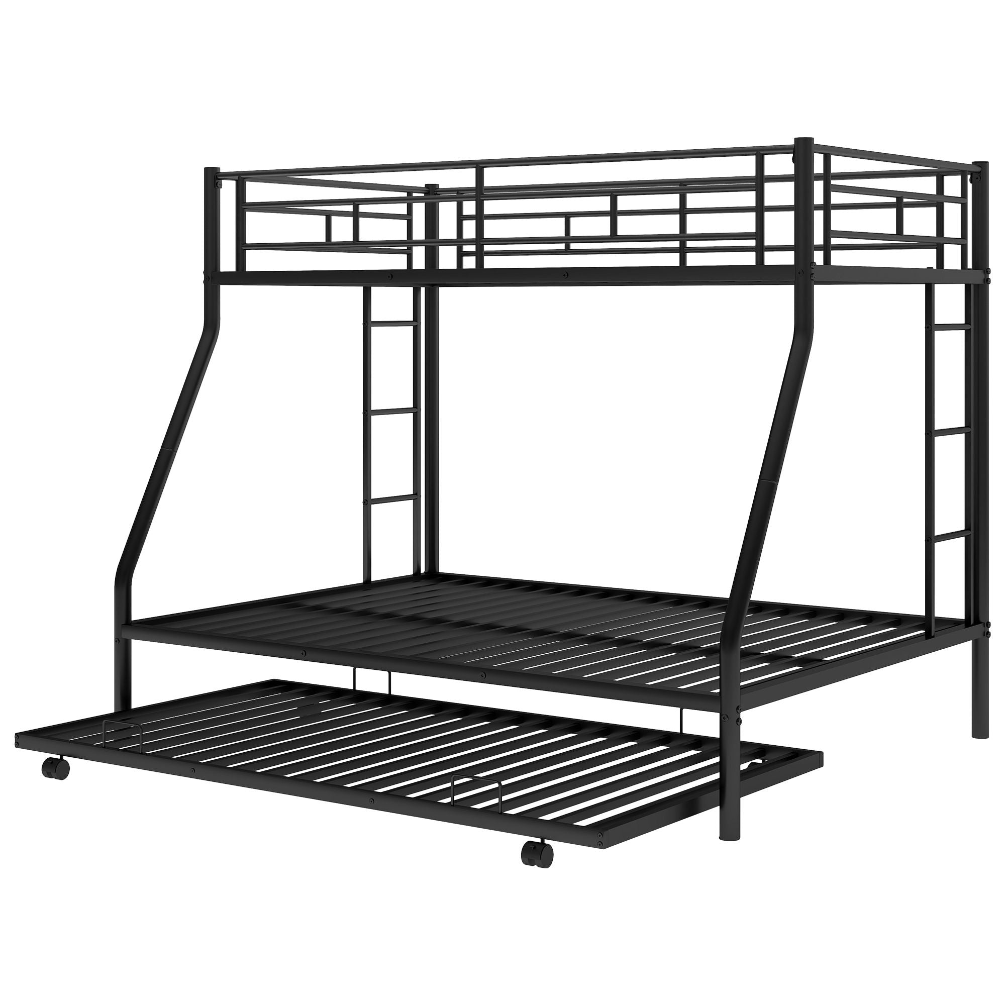 Bunk Bed With Steel Frame And Trundle, 2 Side Ladders