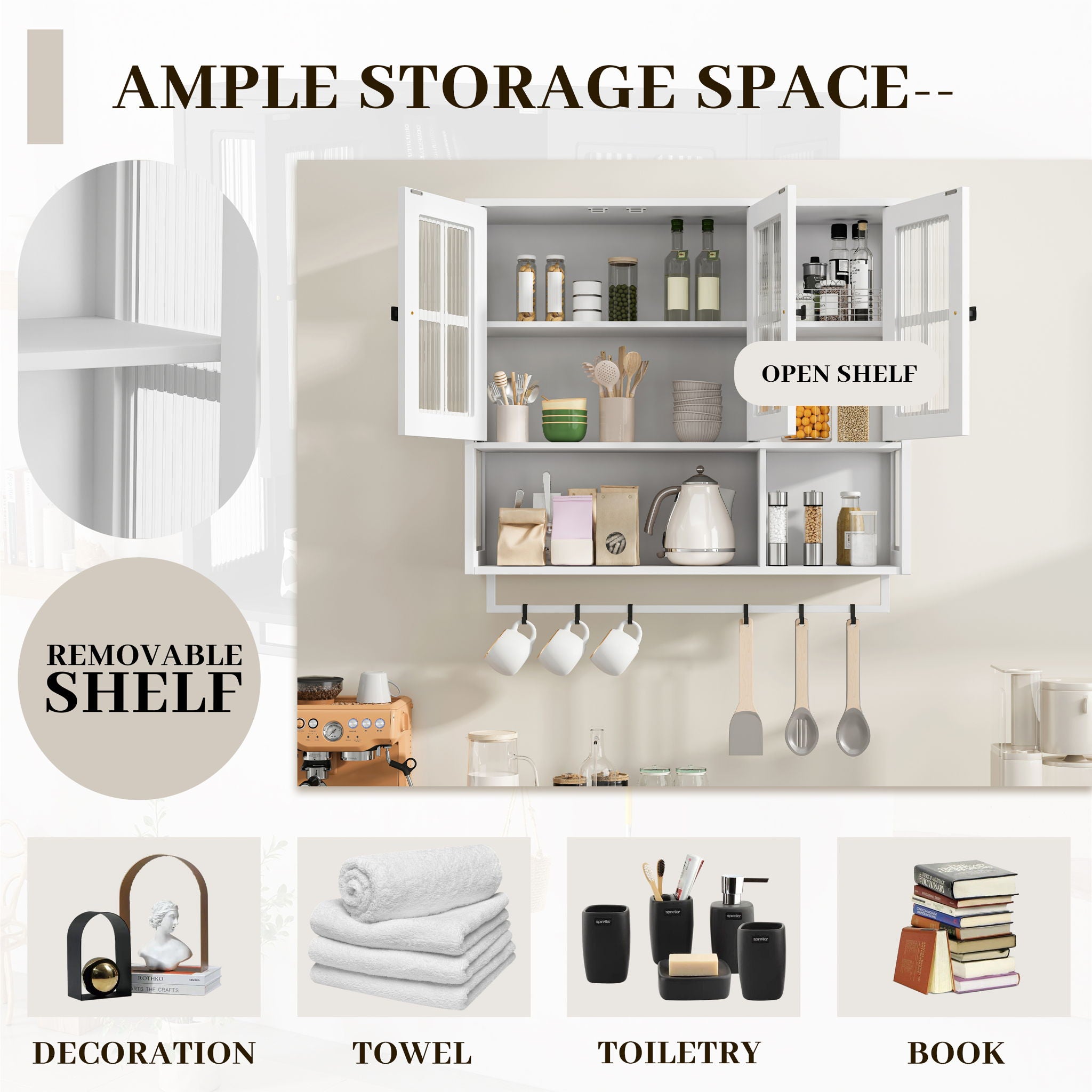 3 Door Wall Cabinet With Glass Door And Towel Bar