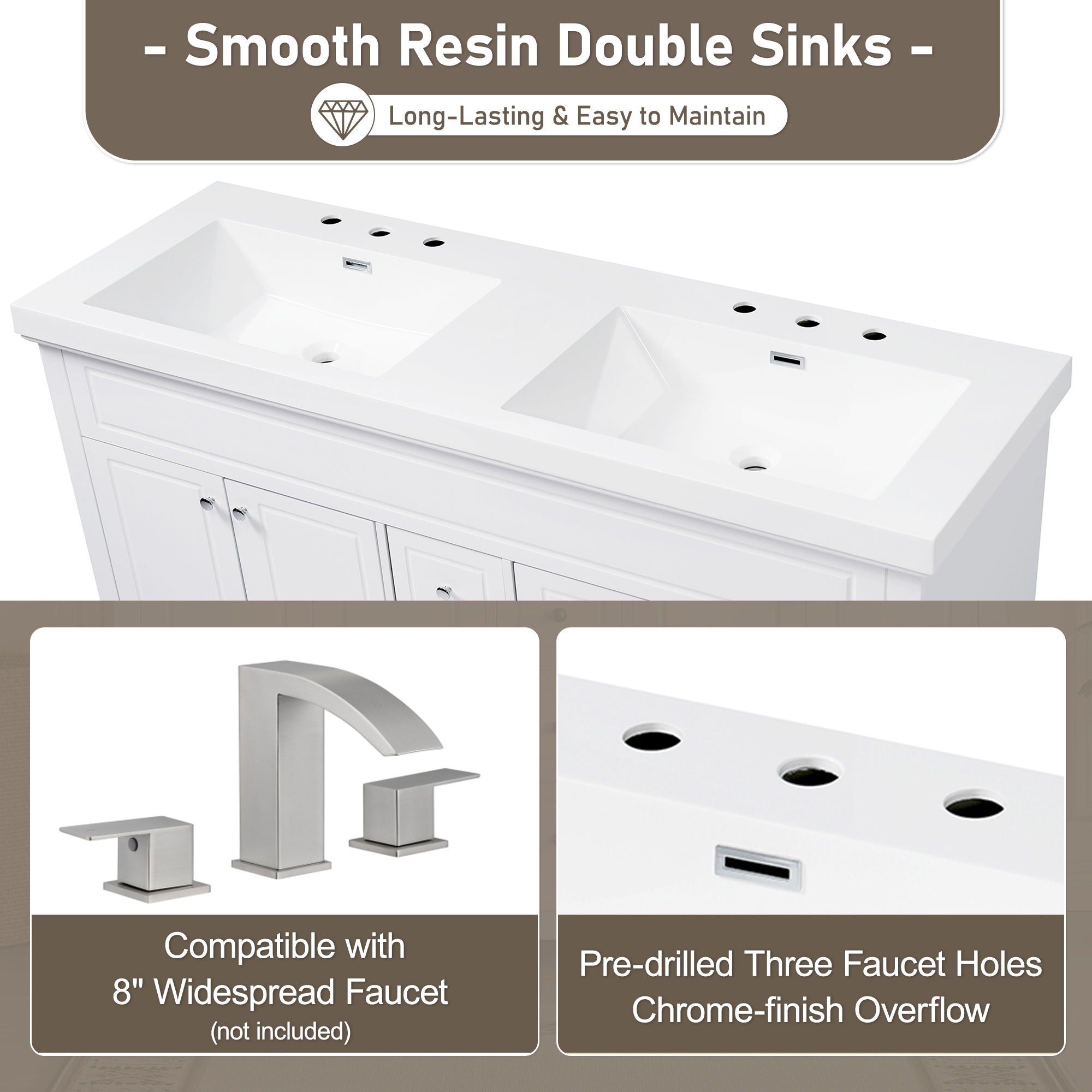 Bathroom Vanity With Double Sinks, 3 Drawers & 4 Doors, Soft Close, All Open Back Design - White