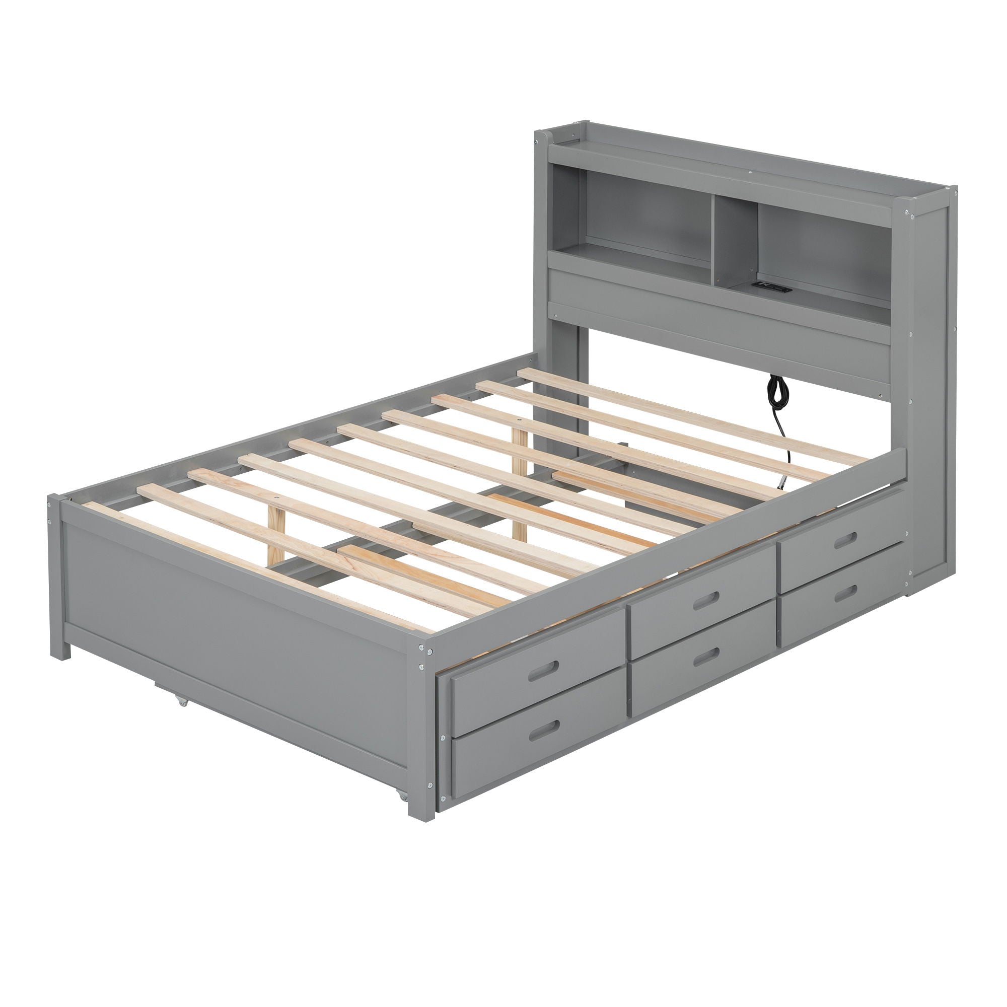 Full Size Platform Bed With Trundle, Drawers, USB Ports And Built In Shelves - Gray